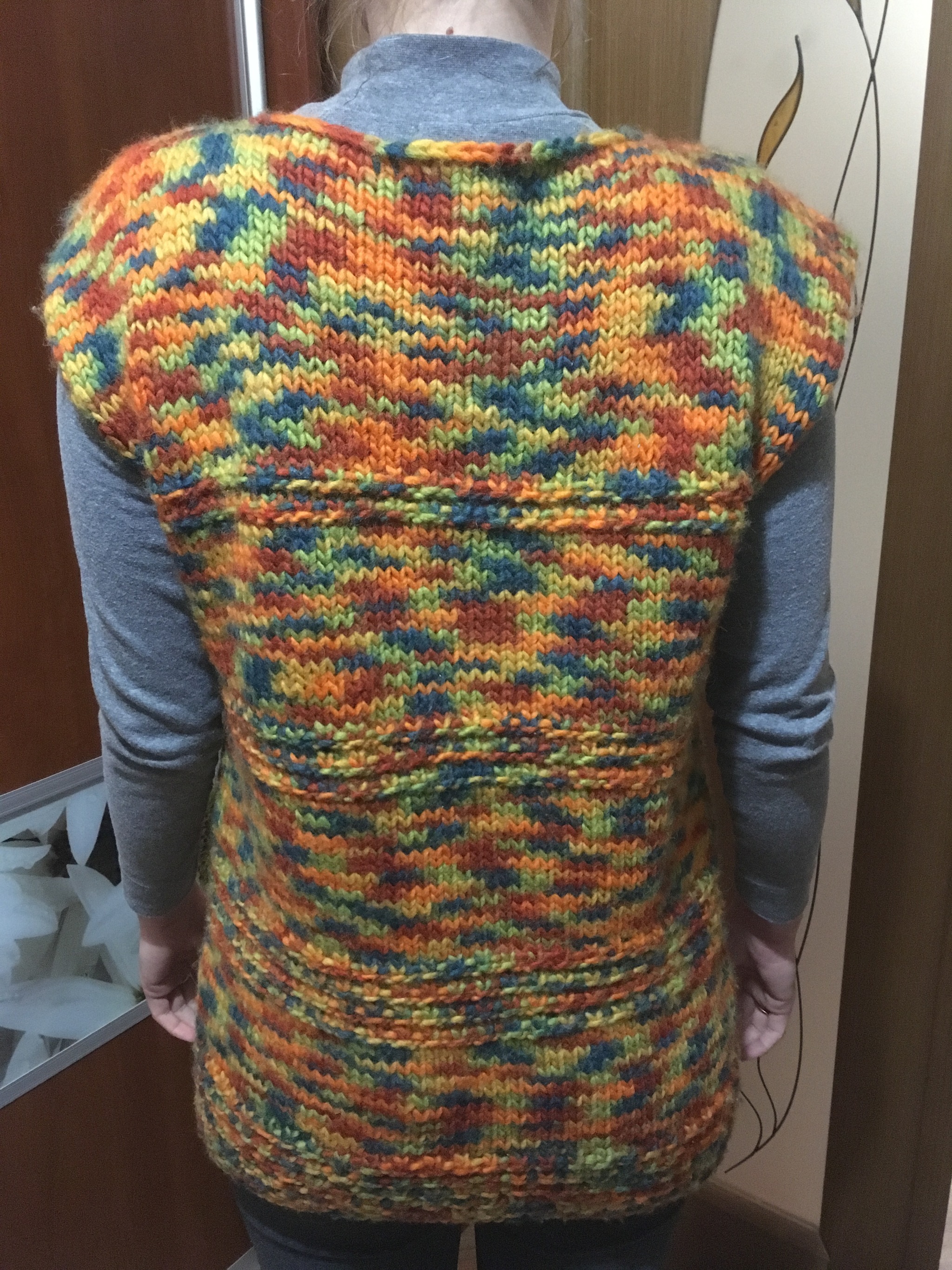 Multi-colored sleeveless vest - My, Knitting, Needlework without process, Wool, Sleeveless jacket, Coloring, Longpost