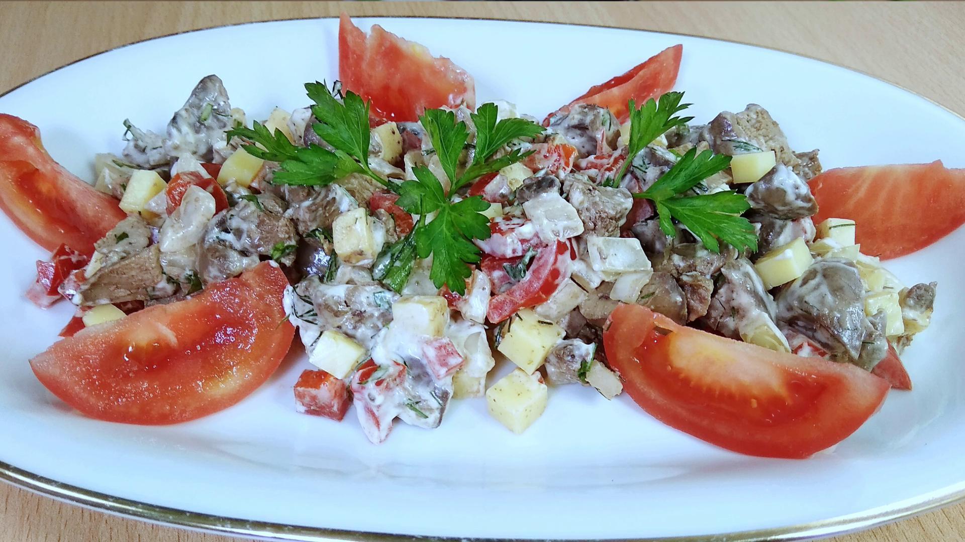 CHICKEN LIVER SALAD with CHEESE and sweet PEPPER - My, Salad, Simple, Video, Longpost, Recipe, Video recipe, Cooking