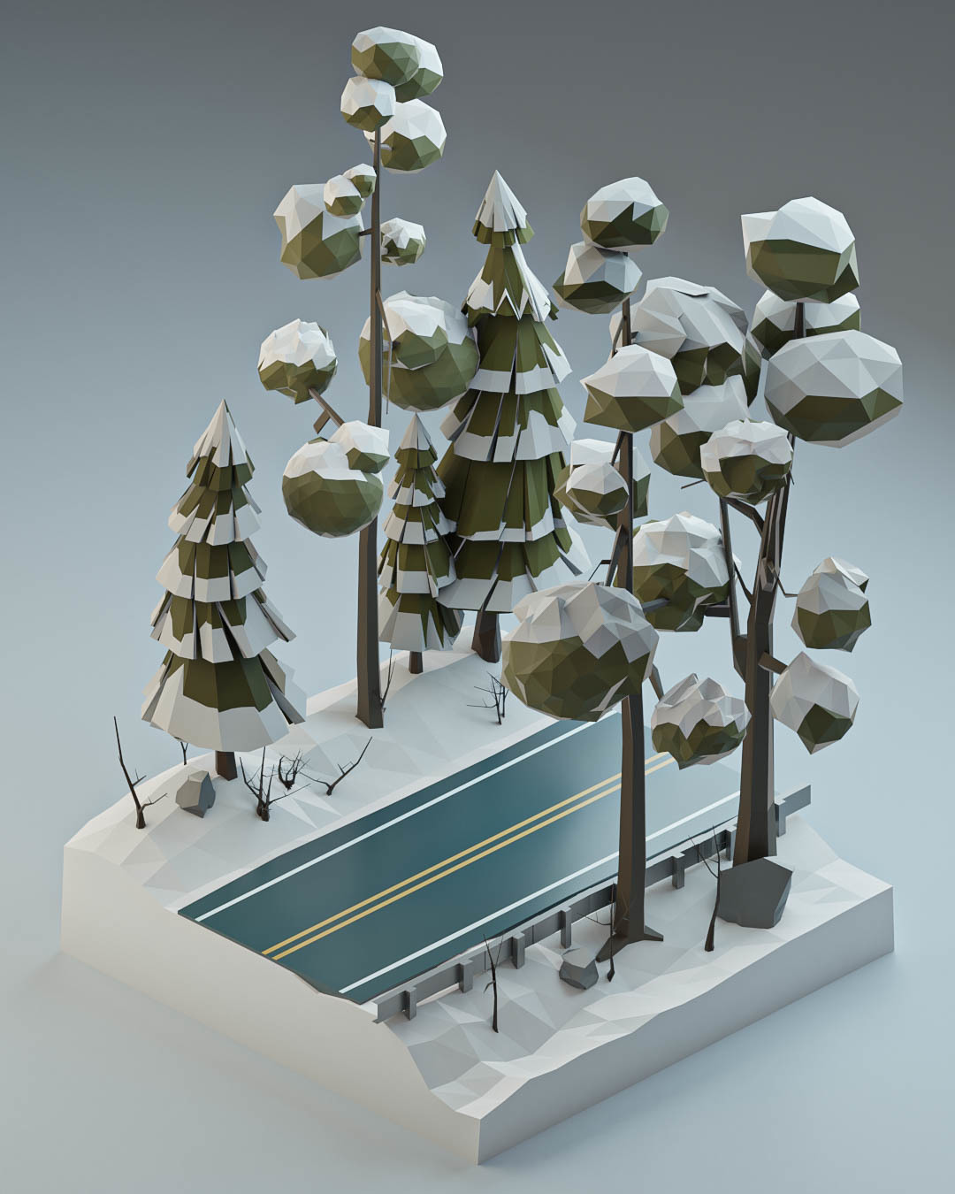 Winter Road Low Poly - My, Low poly, 3D, Art, Winter, Road, Forest, Computer graphics