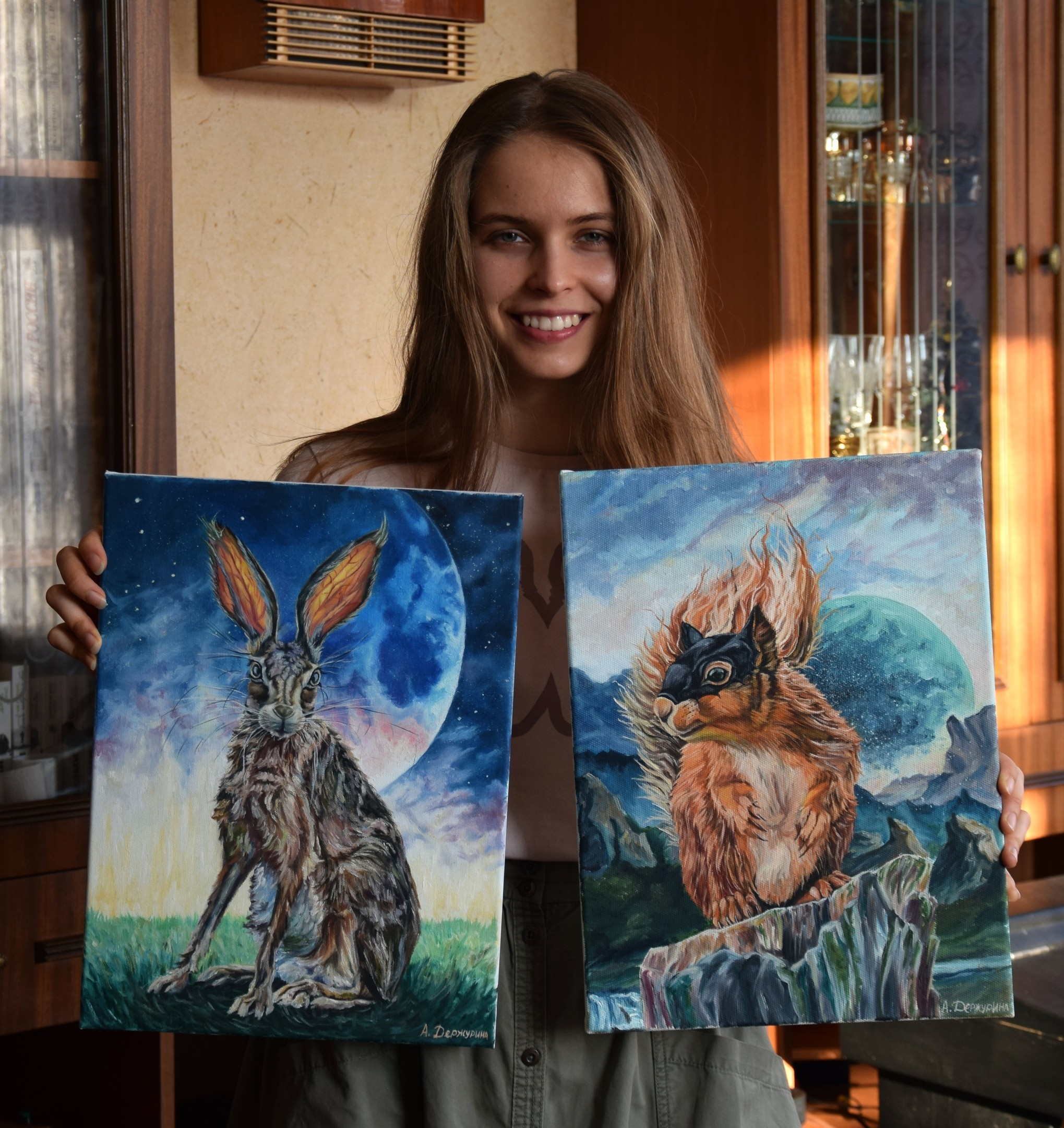 Hare and squirrel. Paintings - My, Wild animals, Oil painting, Painting, Painting, Longpost