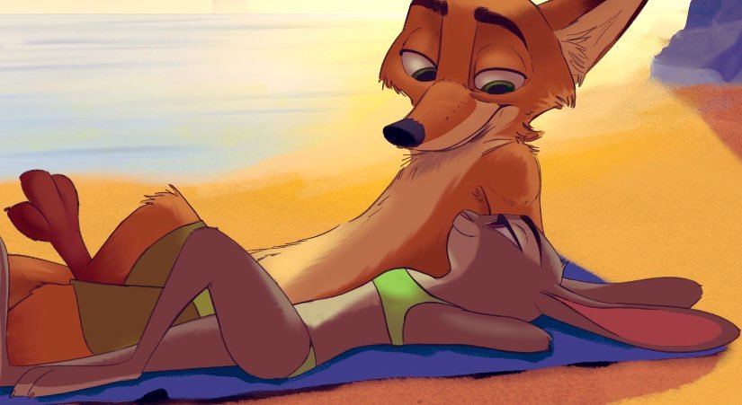 A tan - Zootopia, Nick wilde, Judy hopps, Nick and Judy, Beach, Qalcove, Art