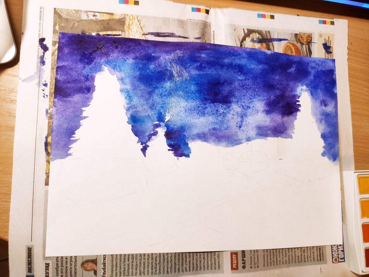 First experience with watercolors - My, Painting, Watercolor, Creation, Drawing, Winter, Snowfall, Landscape, Longpost