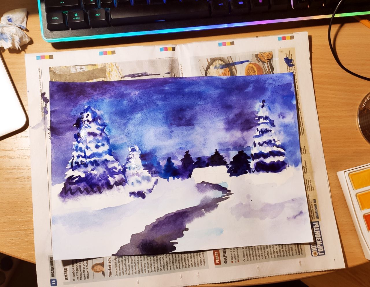 First experience with watercolors - My, Painting, Watercolor, Creation, Drawing, Winter, Snowfall, Landscape, Longpost