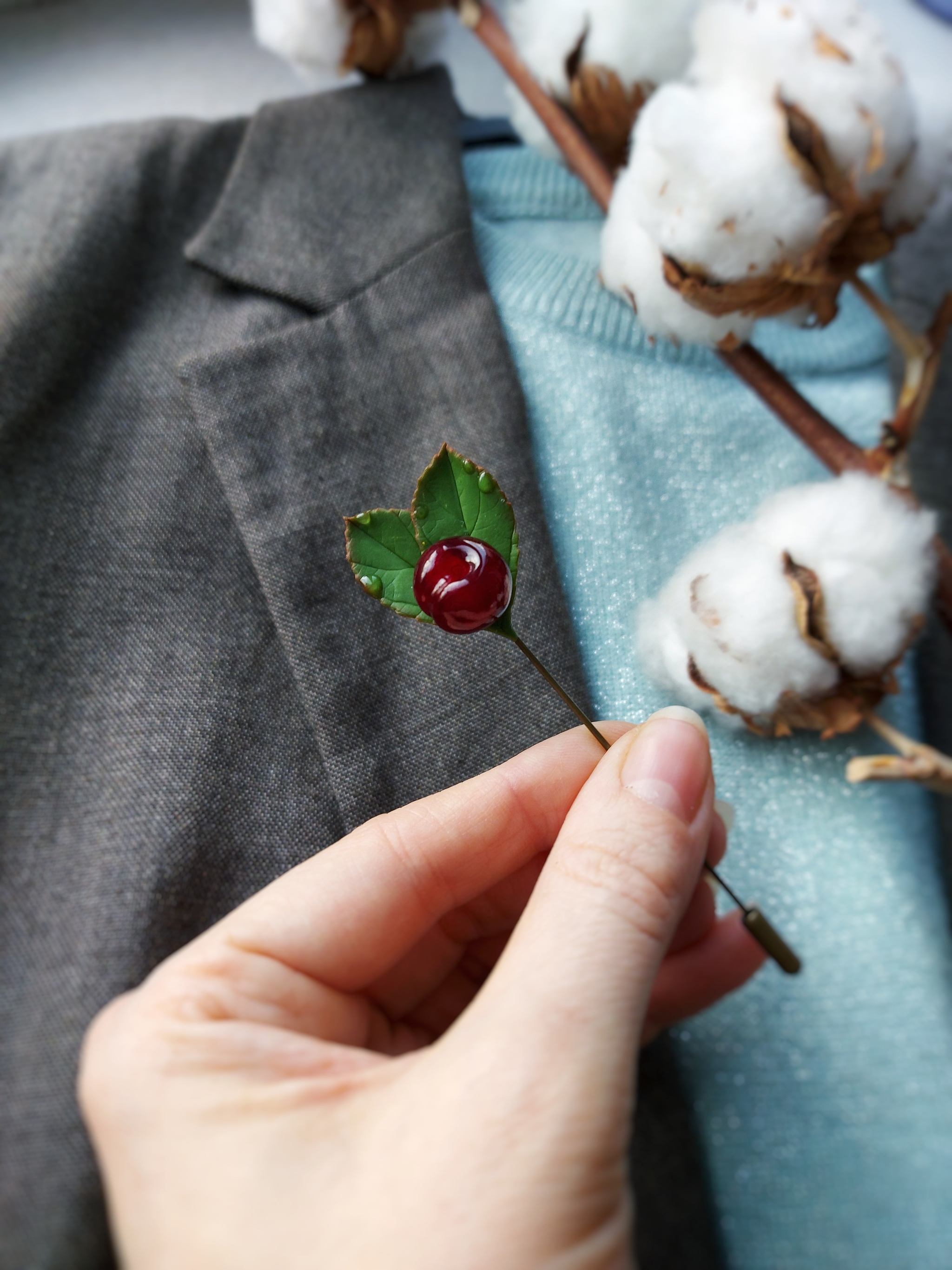 Cherry pin - My, Cherry, Polymer clay, Needlework without process, Creation, Longpost