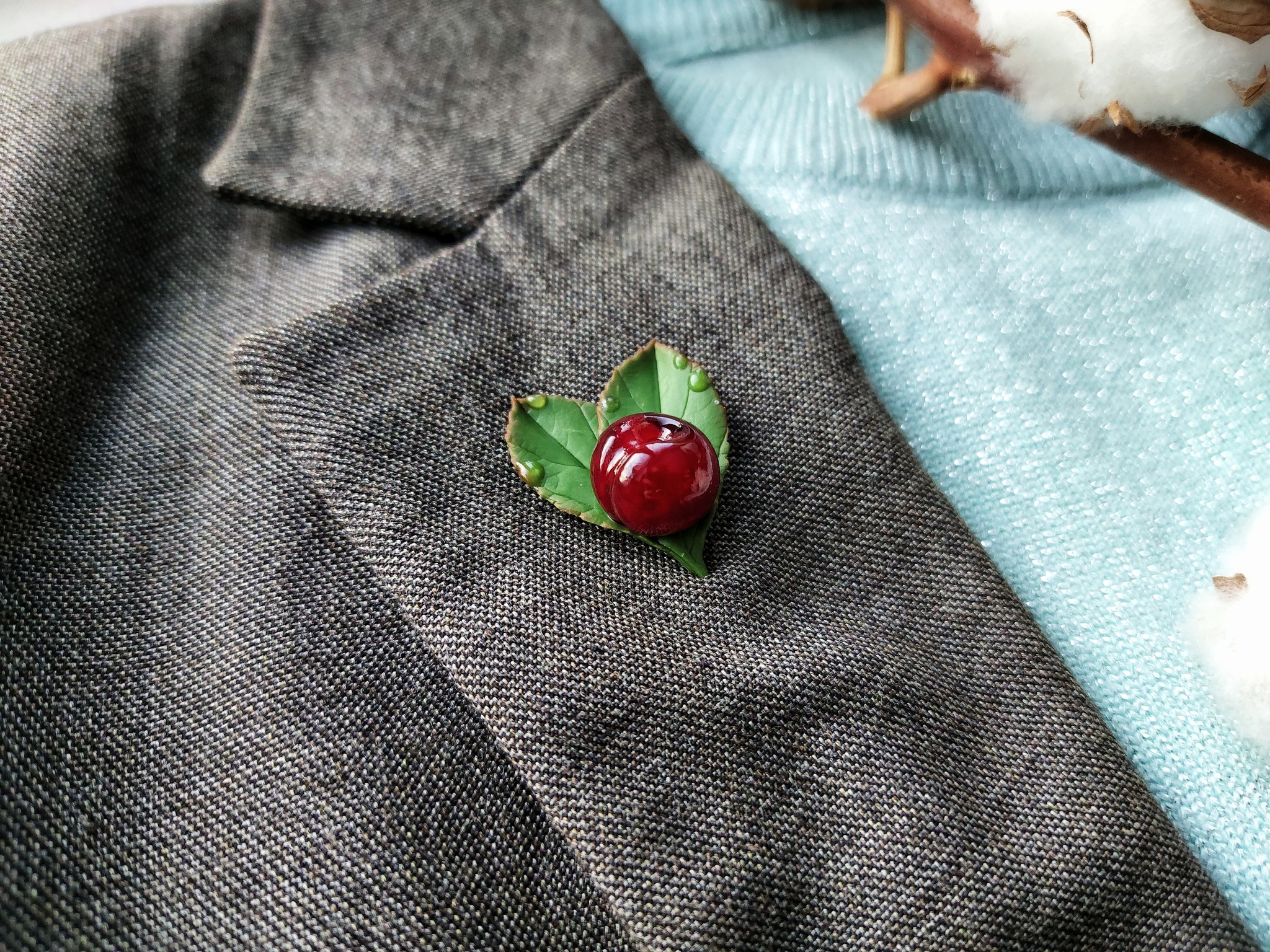 Cherry pin - My, Cherry, Polymer clay, Needlework without process, Creation, Longpost