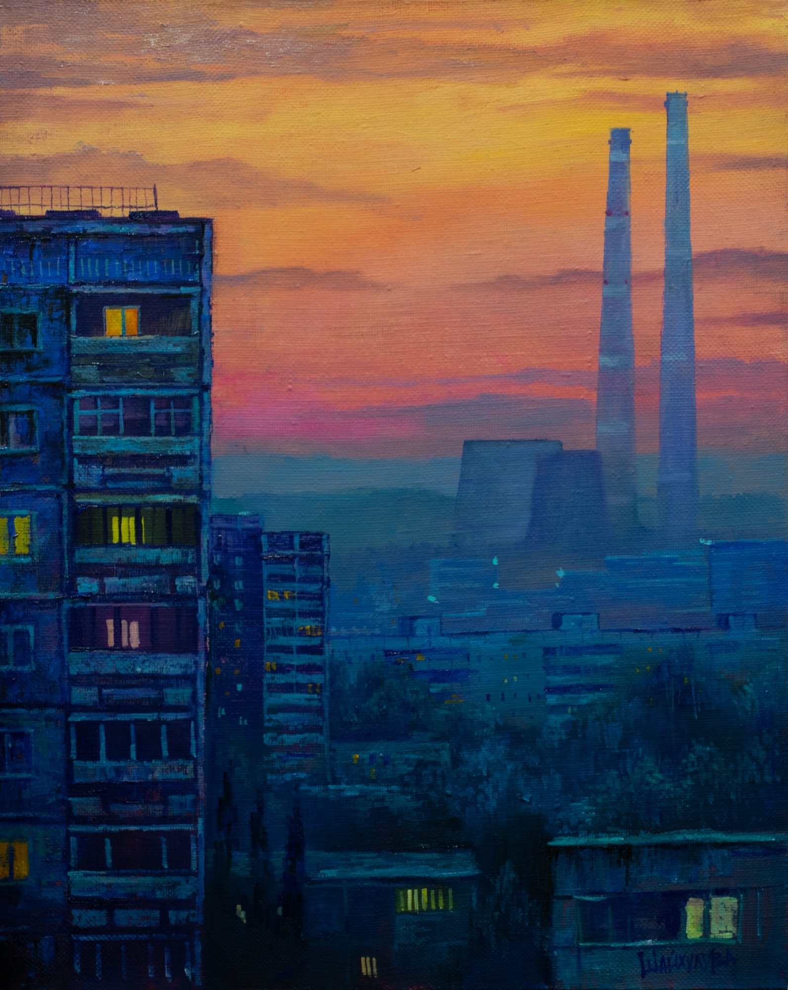 City morning - My, Art, Landscape, Painting, Painting, Creation, Drawing, Longpost