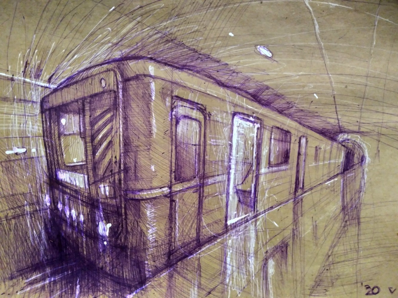 Behind the opened door is emptiness - My, Drawing, Pen drawing, Graphics, Creation, A train, Metro