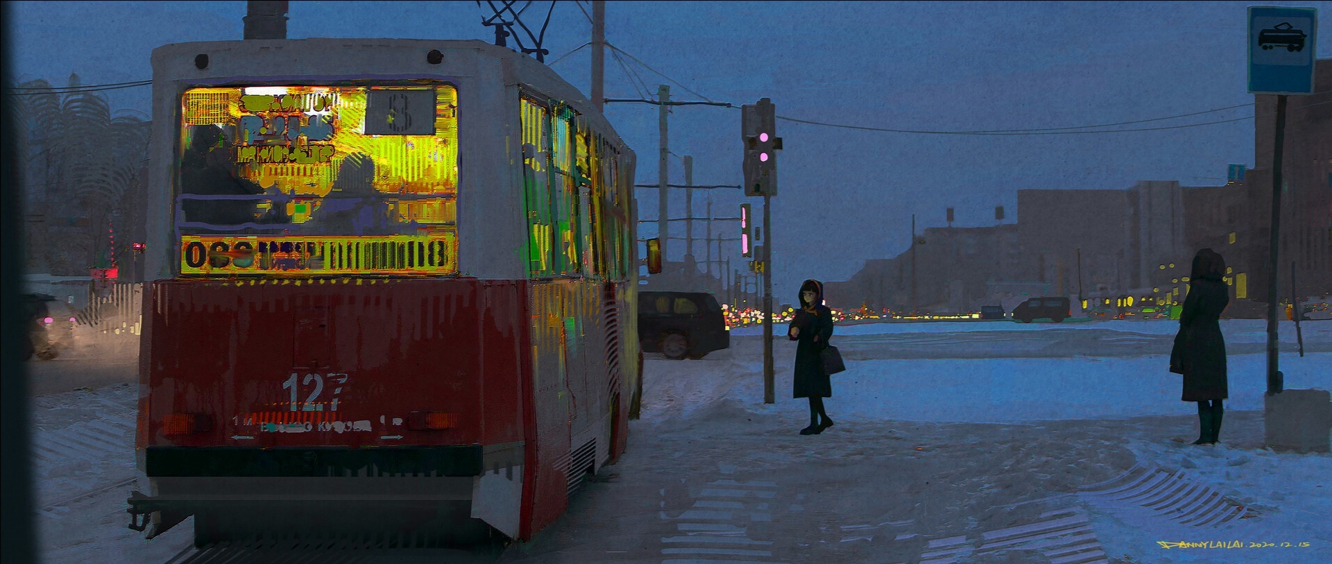 Winter - Art, Drawing, Winter, Tram