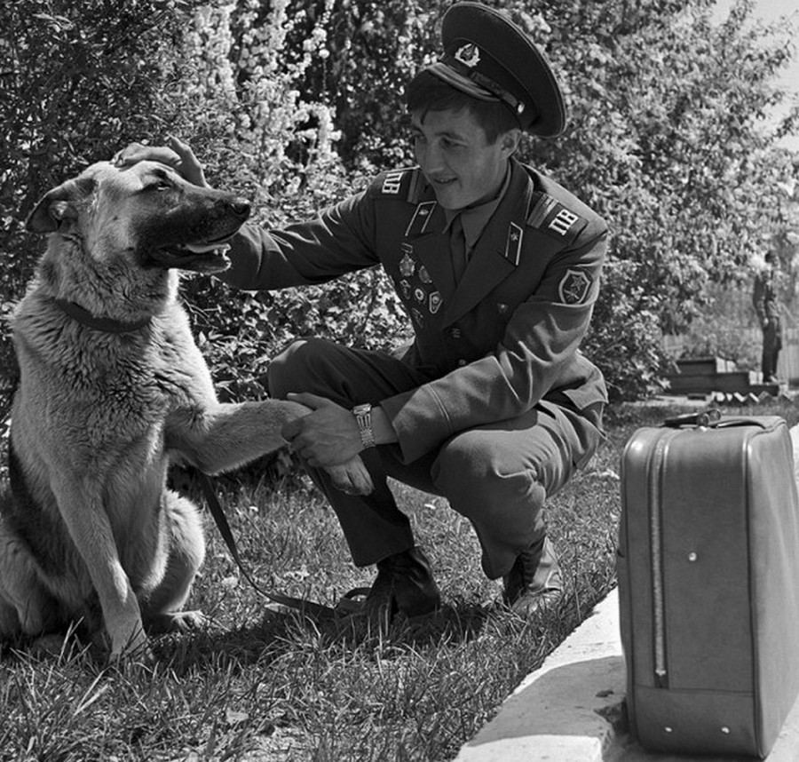 Погpaничник пеpeд увольнениeм в запac прощaeтся с служeбной собaкой, 1980-e - Армия, Пограничники, Немецкая овчарка, Прощание, Дембеля, Историческое фото, Кинология, Черно-белое, Фотография, Собака