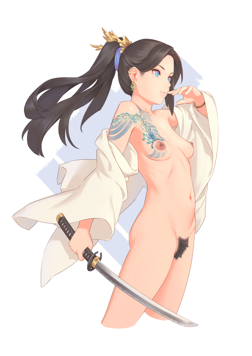 East is a delicate matter - NSFW, Art, Drawing, Girls, Erotic, Hand-drawn erotica, Boobs, Naked, Topless, Pubes, Wakizashi, Original character, Bigrbear artist, Longpost, Tattoo, Girl with tattoo