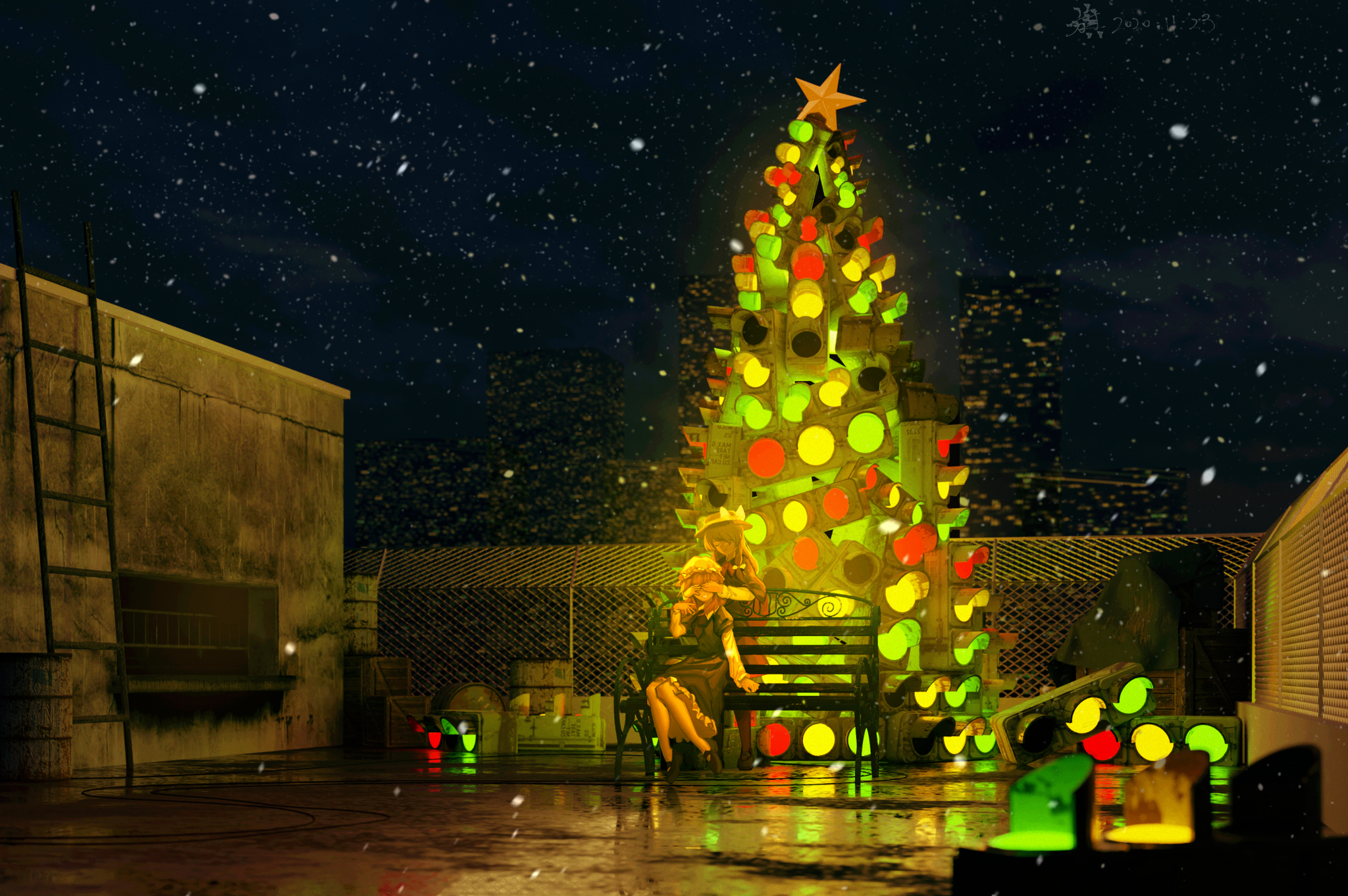 Christmas tree made from traffic lights - Art, New Year, Christmas trees, Touhou, Maribel Hearn, Usami renko