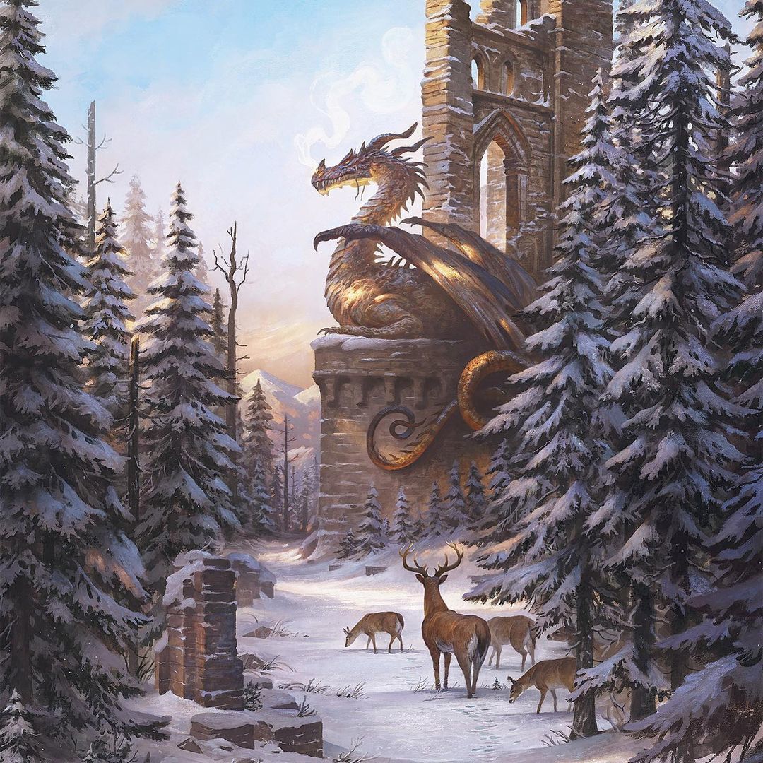 Owner of the forest - Art, Drawing, The Dragon, Forest, Deer, Ruins, Justin Gerard