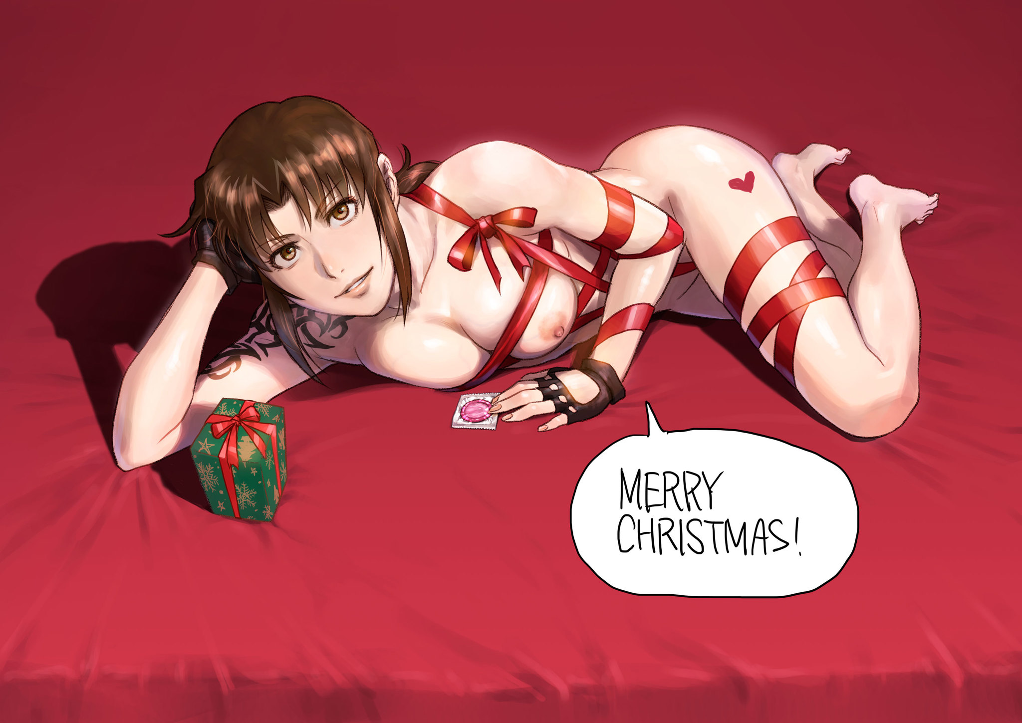 Rebecca as a gift - NSFW, Art, Anime, Anime art, Black lagoon, Revy, Girls, Erotic, Hand-drawn erotica, Boobs, Naked, Christmas, Presents, Gift wrap, Condoms, Azasuke