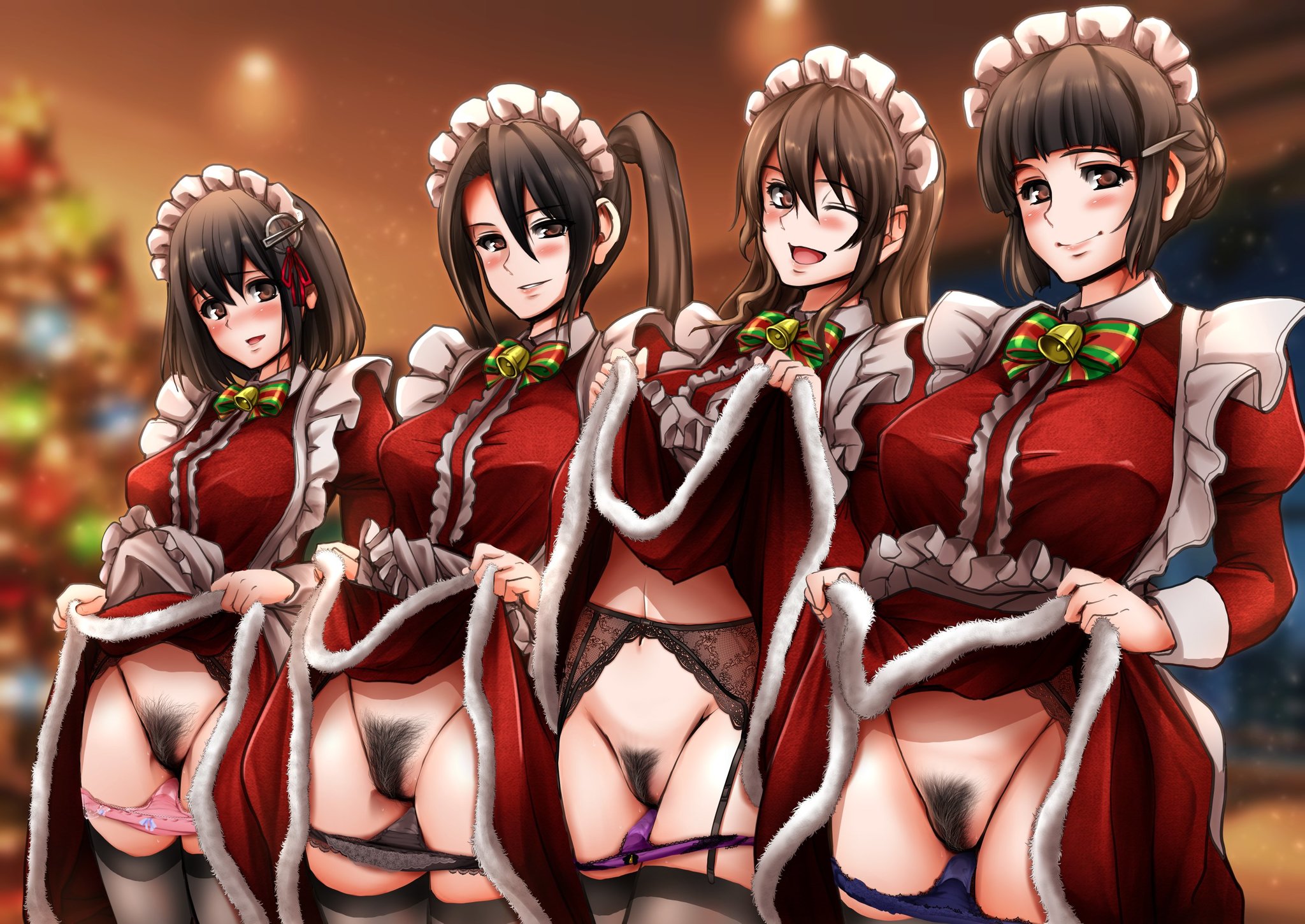 Christmas maids - NSFW, Art, Anime art, Original character, Kantai collection, Ashigara, Haguro, Nachi, Myoukou, Girls, Erotic, Hand-drawn erotica, Underwear, Stockings, Boobs, Pantsu, Upskirt, Housemaid, Christmas, Pubes, Naked, Longpost