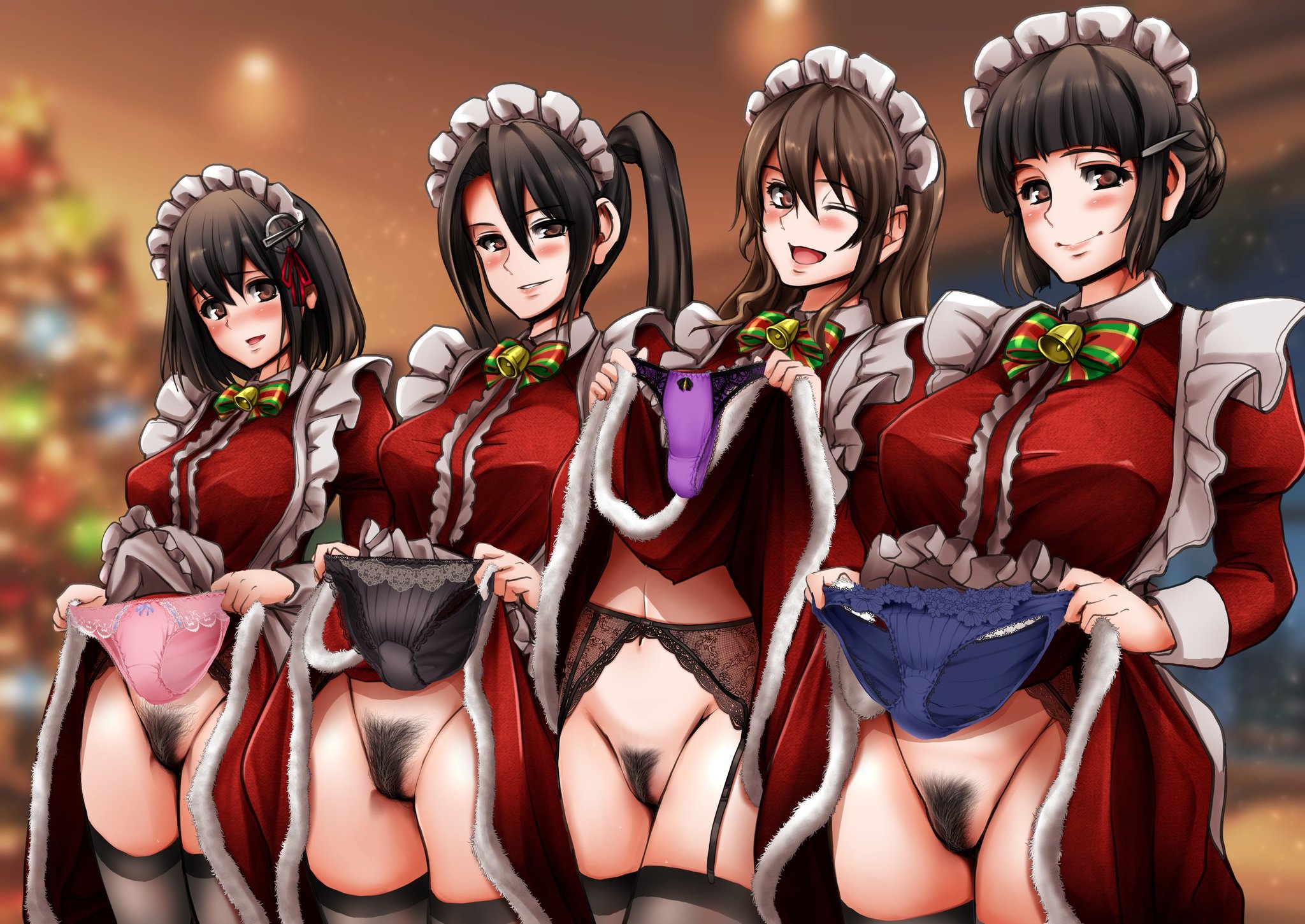 Christmas maids - NSFW, Art, Anime art, Original character, Kantai collection, Ashigara, Haguro, Nachi, Myoukou, Girls, Erotic, Hand-drawn erotica, Underwear, Stockings, Boobs, Pantsu, Upskirt, Housemaid, Christmas, Pubes, Naked, Longpost