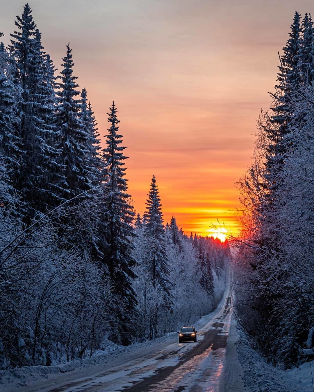 Пермский край - Фотография, Пермский край, Зима, Снег, Закат, Природа, Россия, Красота, Красота природы, Природа России, Дорога, Лес, Длиннопост