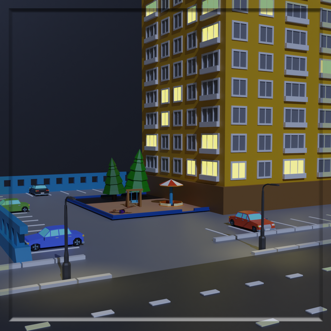 I continue to conquer Blender. 3D night - My, 3D modeling, Night, Blender, High-rise building, Longpost, Krasnodar, Low poly, 3D