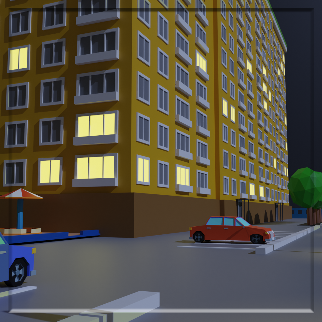 I continue to conquer Blender. 3D night - My, 3D modeling, Night, Blender, High-rise building, Longpost, Krasnodar, Low poly, 3D