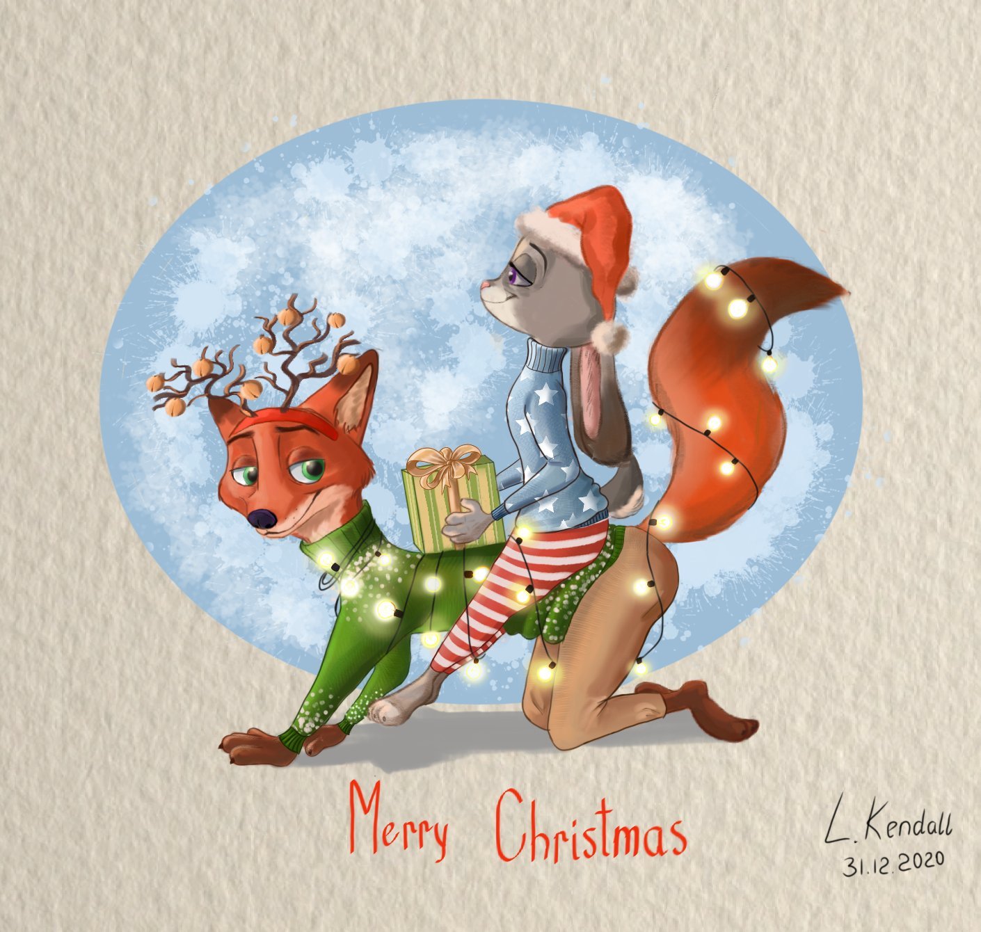 Christmas deer - Zootopia, Nick wilde, Judy hopps, Deer, Garland, Christmas, New Year, Art