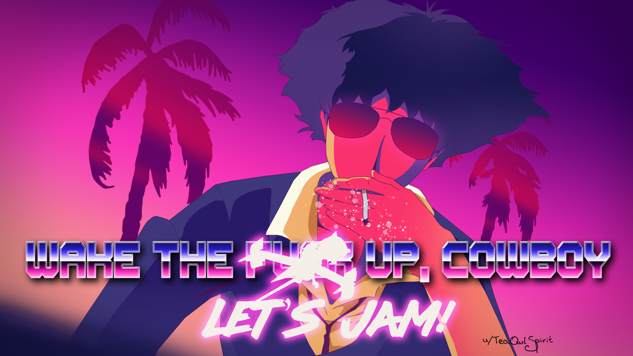 Wake up, space cowboy. Let's jam! - My, Cowboy bebop, Cyberpunk 2077, Retrowave, Anime, Drawing, Digital drawing, Spike spiegel