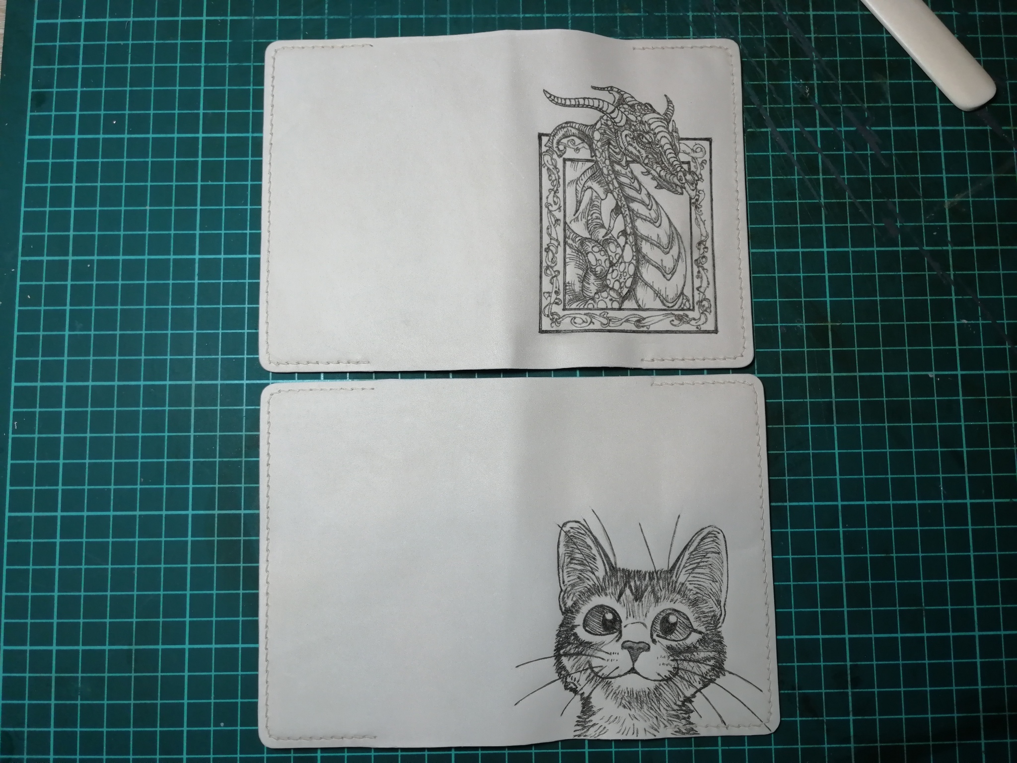 New pair of covers - My, Leather, Cover, Needlework without process, cat, The Dragon, With your own hands, Pyrography, Longpost