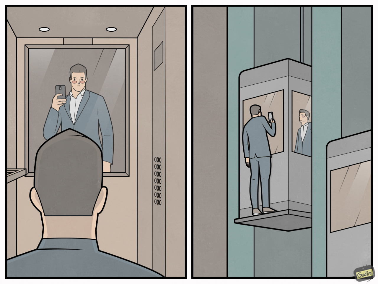 The same guy from the elevator - My, Gudim, Comics, Elevator, Selfie, Absurd