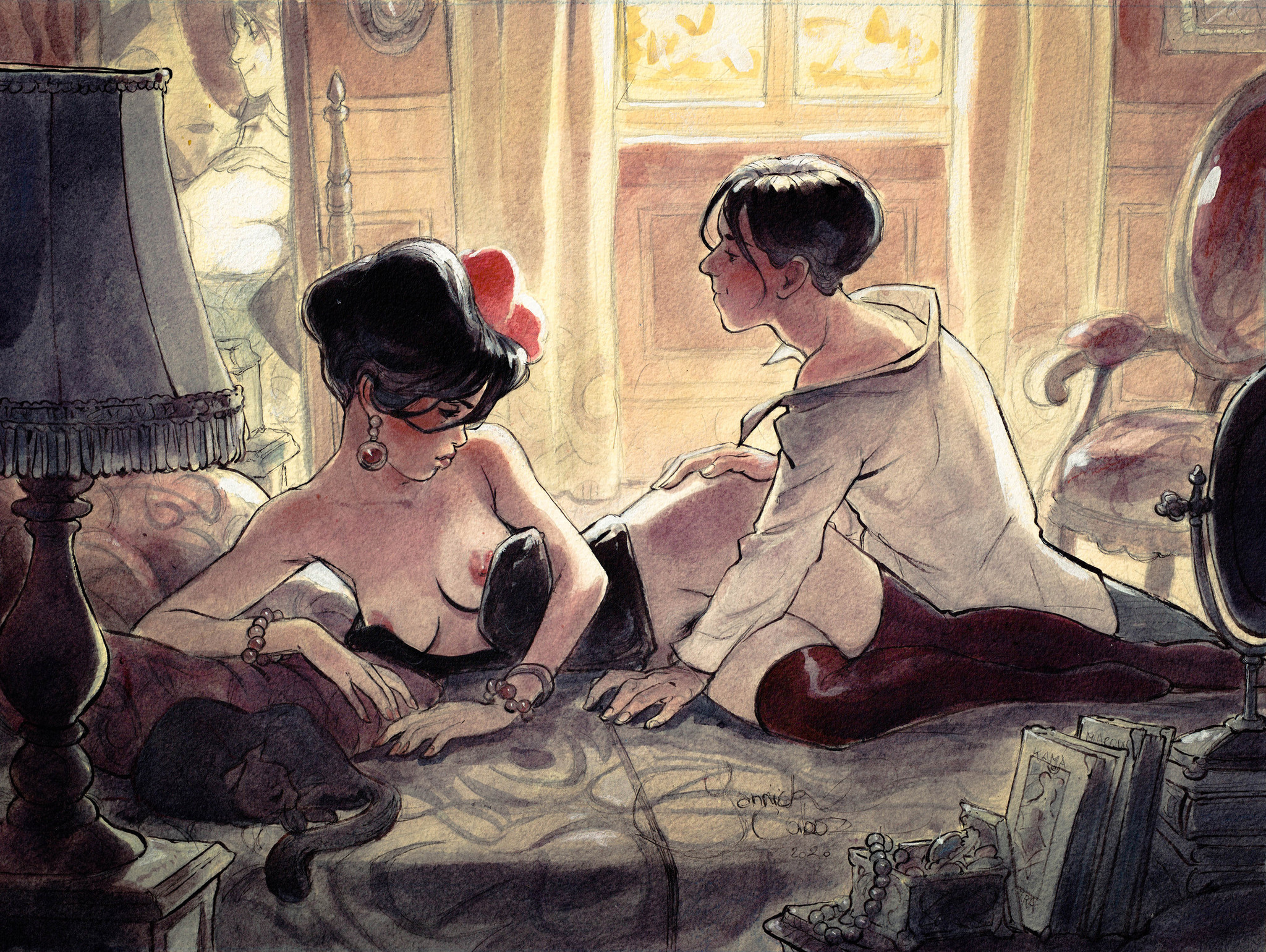 spat - NSFW, Art, Erotic, Art Nouveau, Watercolor, Girls, Breast