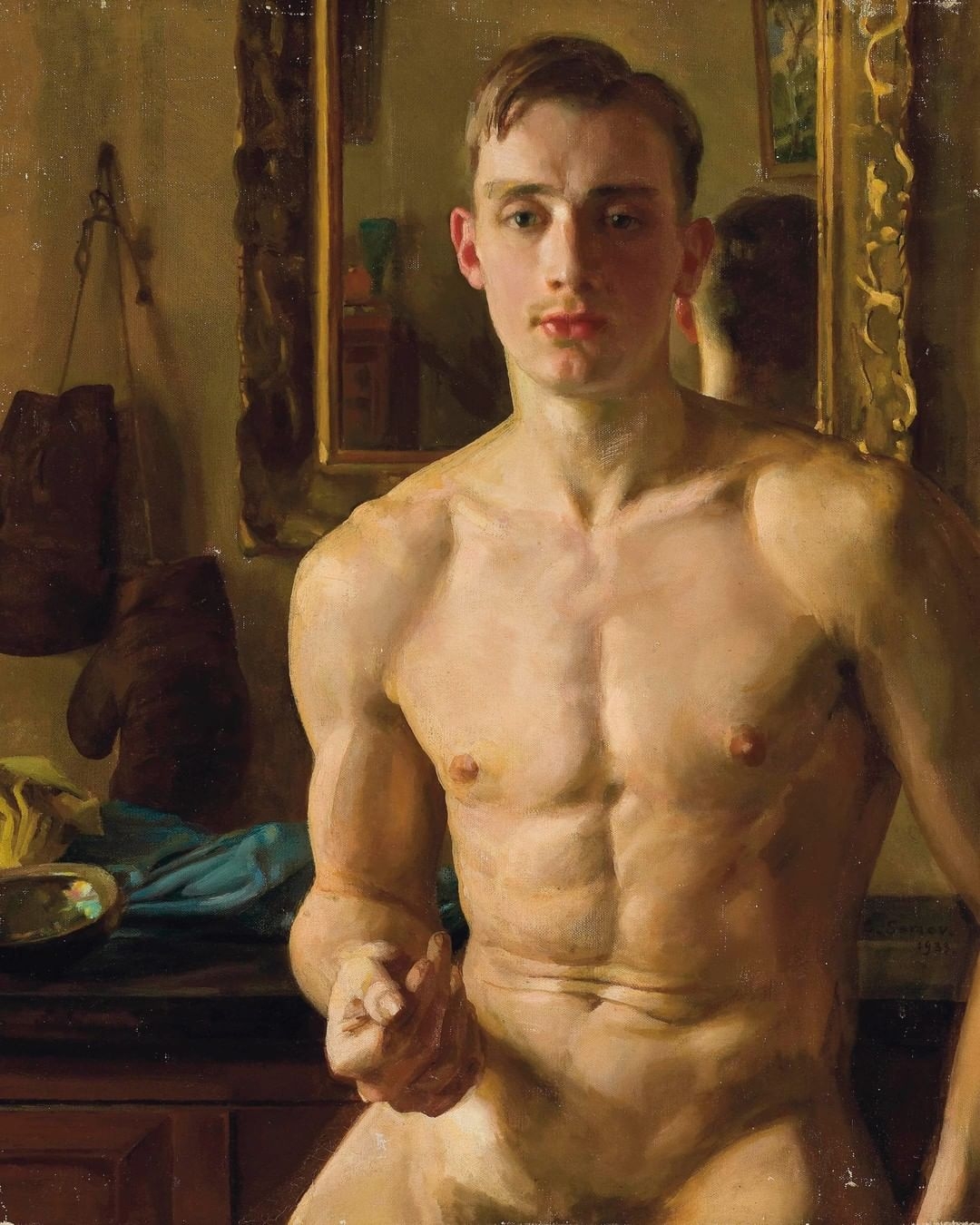 Boxer - NSFW, Art, Painting, Painting, Boxing gloves, Mirror, Boxer, Men