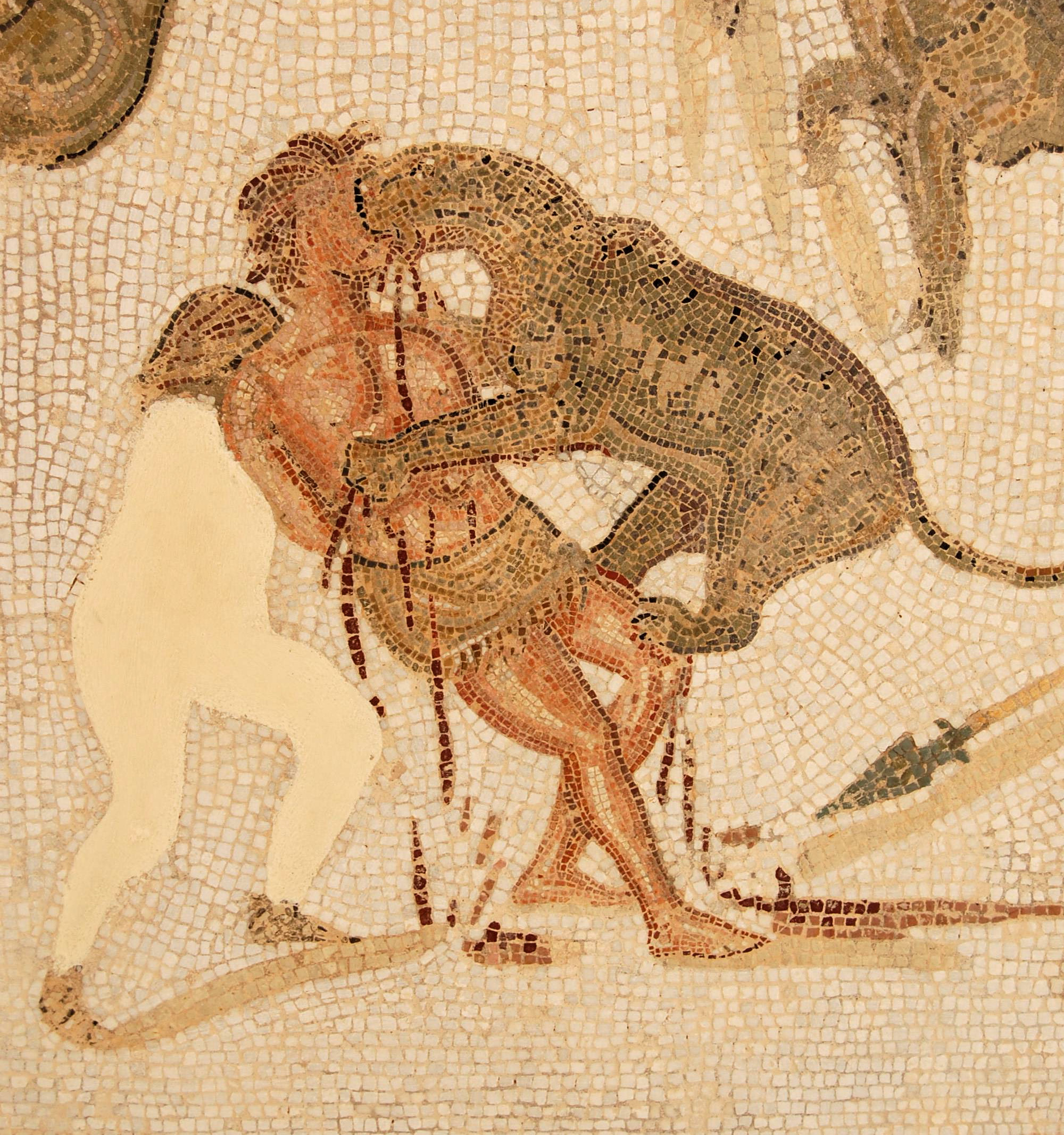 A leopard eats a tied up man. Roman mosaic, 3rd century AD - Ancient Rome, Leopard, Execution, Mosaic