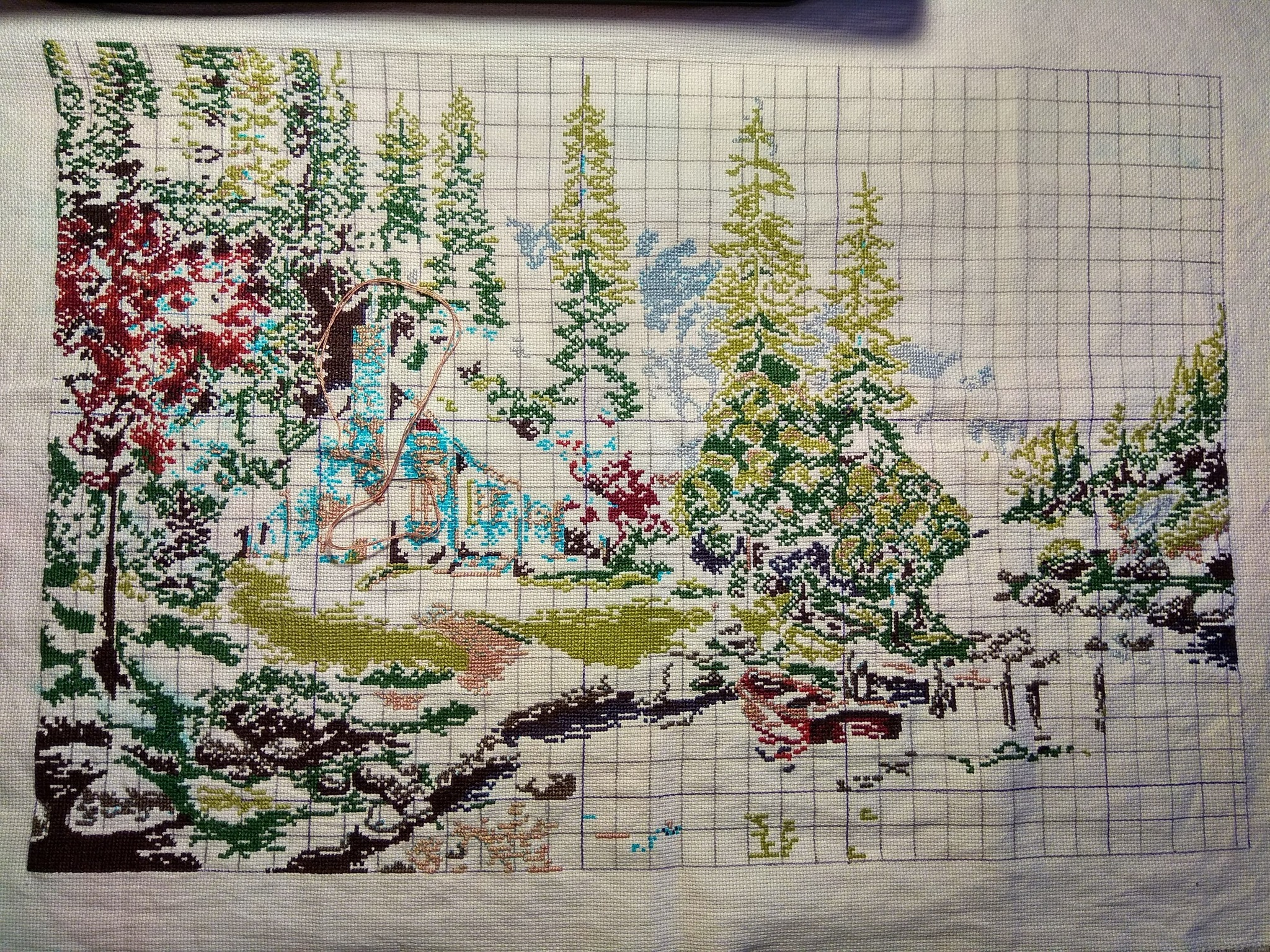 House by the river - My, Needlework with process, Cross-stitch, Longpost