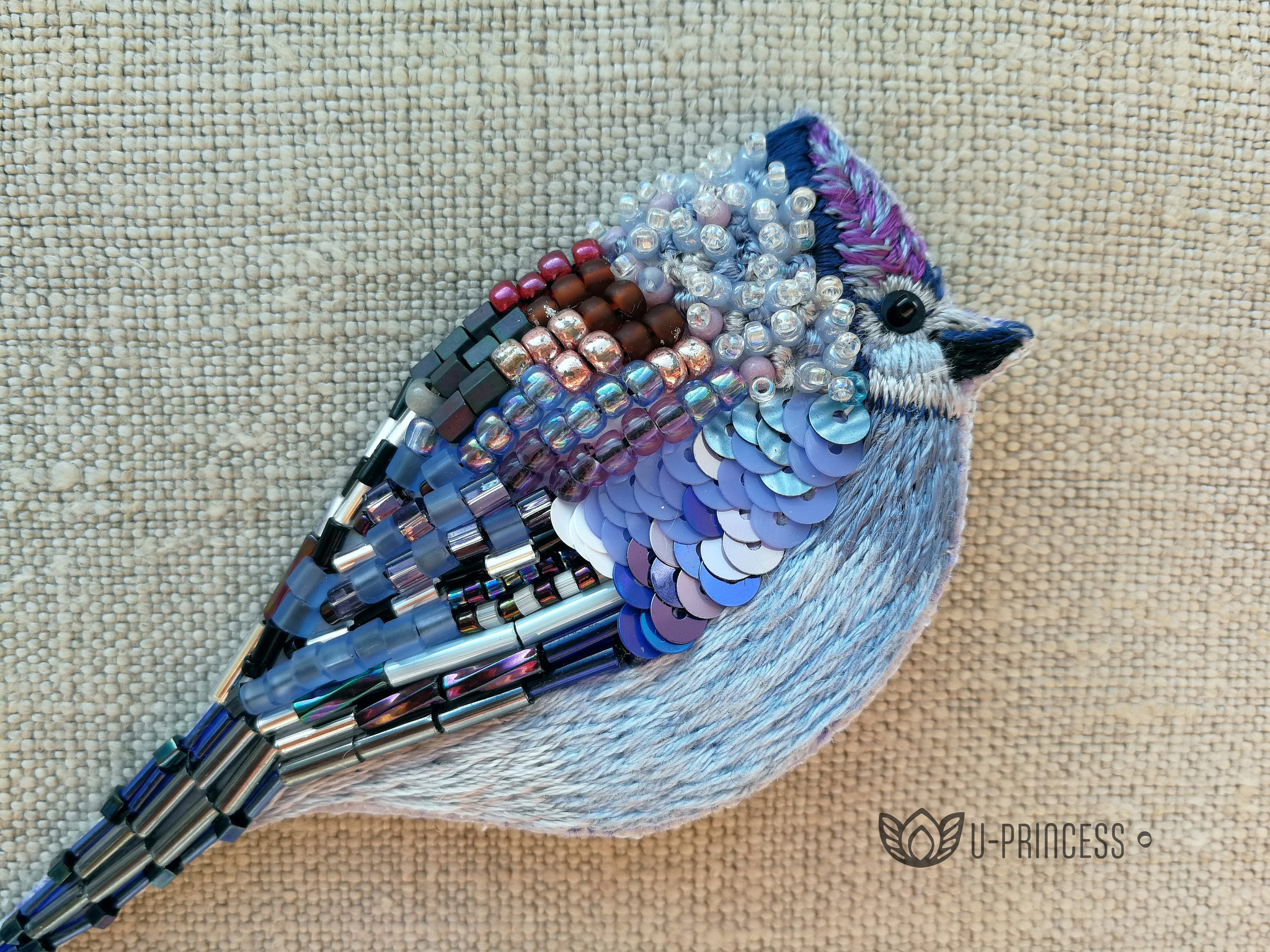 Brooch Blue Jay - My, Beads, Brooch, Satin stitch embroidery, Blue Jay, Needlework without process, Hobby, Handmade, Sequins, Longpost