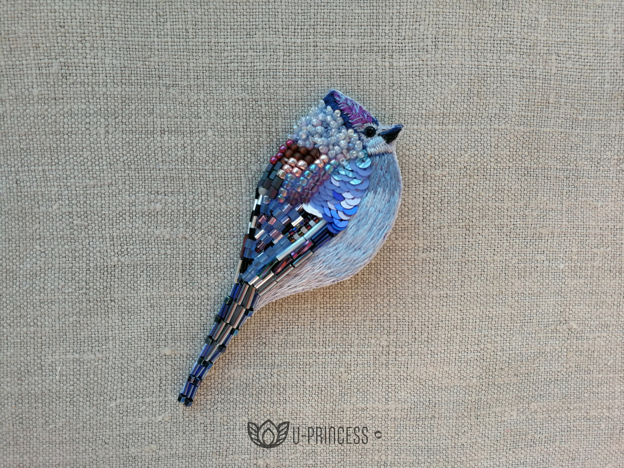 Brooch Blue Jay - My, Beads, Brooch, Satin stitch embroidery, Blue Jay, Needlework without process, Hobby, Handmade, Sequins, Longpost