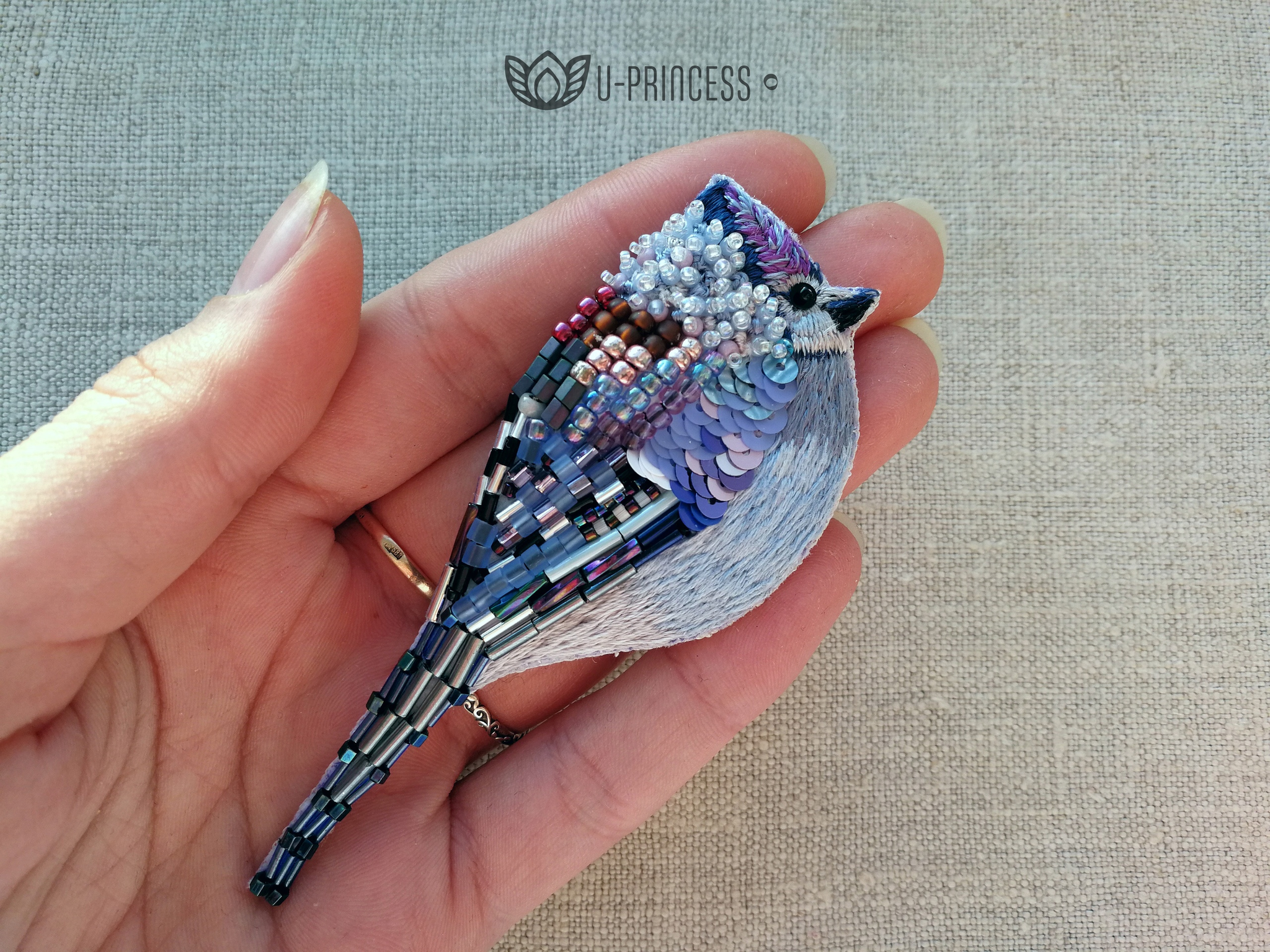 Brooch Blue Jay - My, Beads, Brooch, Satin stitch embroidery, Blue Jay, Needlework without process, Hobby, Handmade, Sequins, Longpost