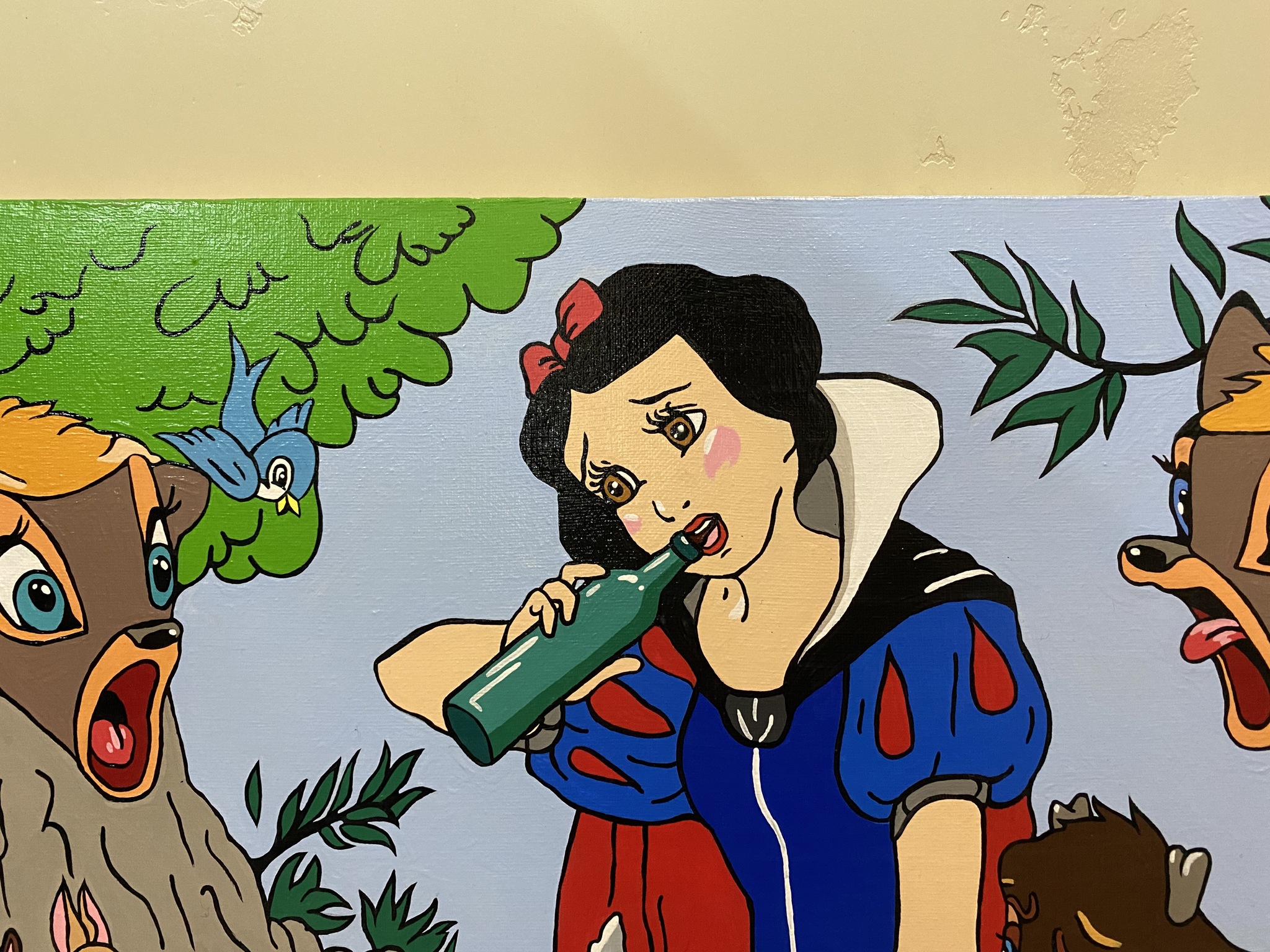 Snow White's secrets in the forest - My, Painting, Canvas, Humor, Snow White, Bottle, Walt disney company, Banter, Acrylic, Longpost, Alcohol