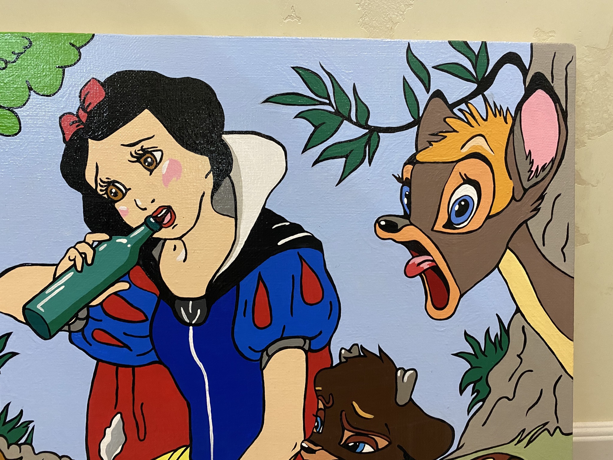 Snow White's secrets in the forest - My, Painting, Canvas, Humor, Snow White, Bottle, Walt disney company, Banter, Acrylic, Longpost, Alcohol