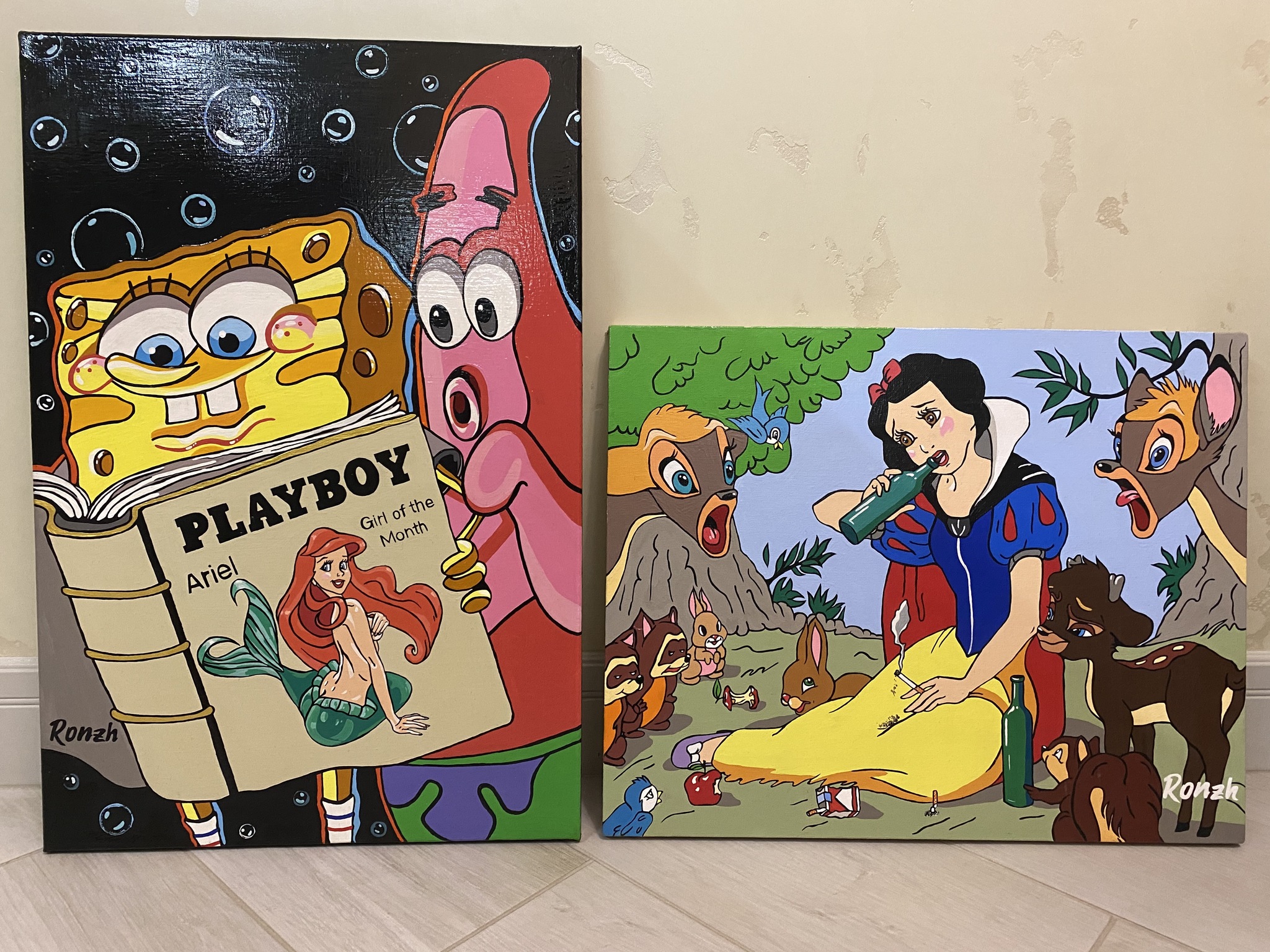 Snow White's secrets in the forest - My, Painting, Canvas, Humor, Snow White, Bottle, Walt disney company, Banter, Acrylic, Longpost, Alcohol