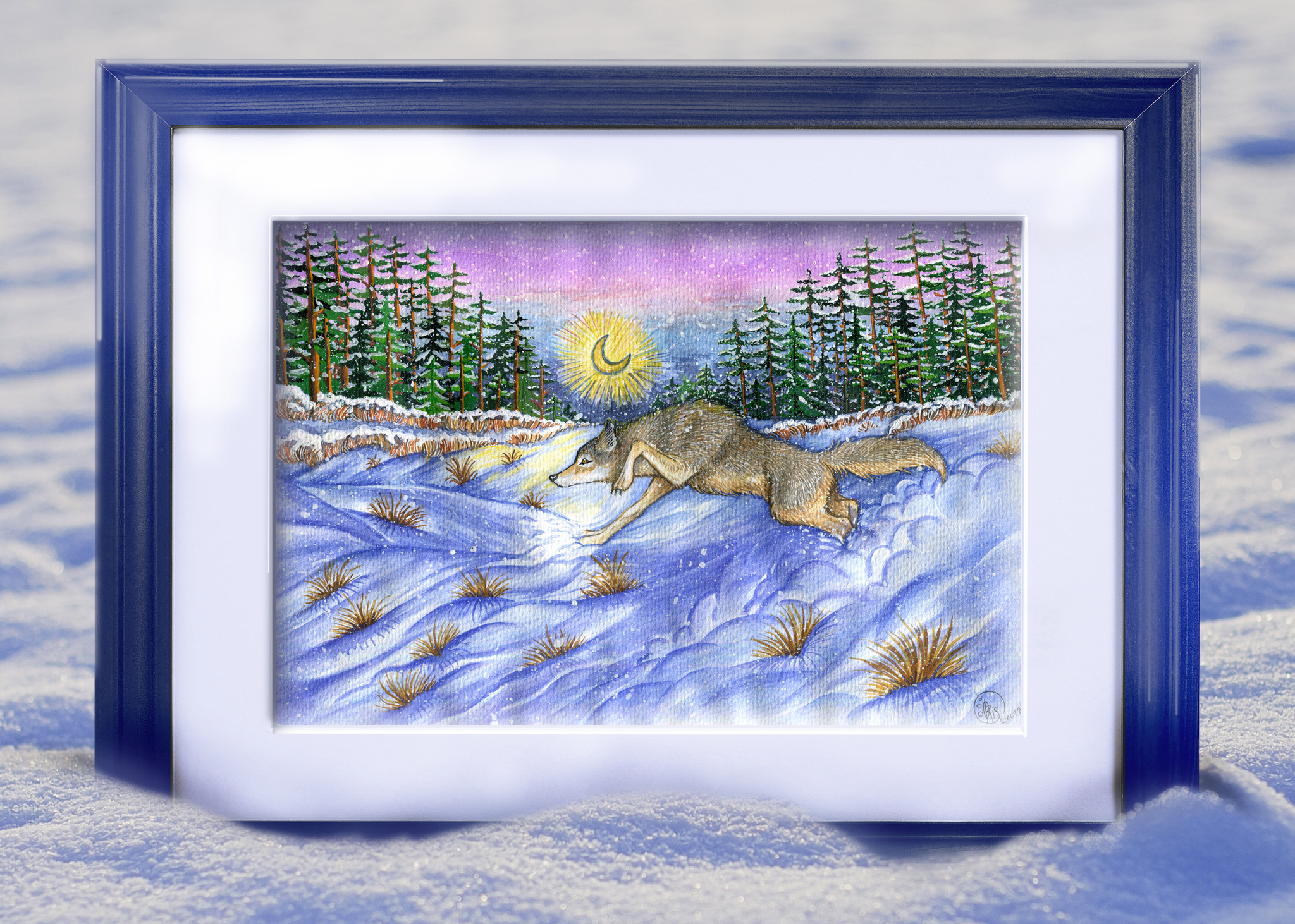 Night. Winter. Wolf - My, Drawing, Watercolor, Wolf, Landscape, Winter, Night, moon