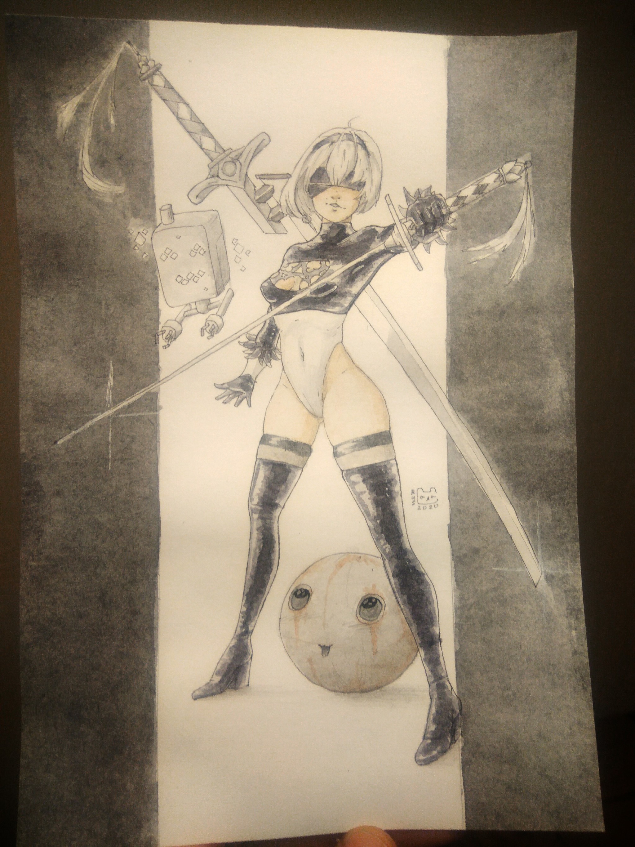 A bit humorous and not very successful - My, Anime, Drawing, Watercolor, Asuka langley, Yorha unit No 2 type B, Maruruk, Made in abyss, Evangelion, Longpost, Rem (Re: Zero Kara), Re: Zero Kara, NIER Automata