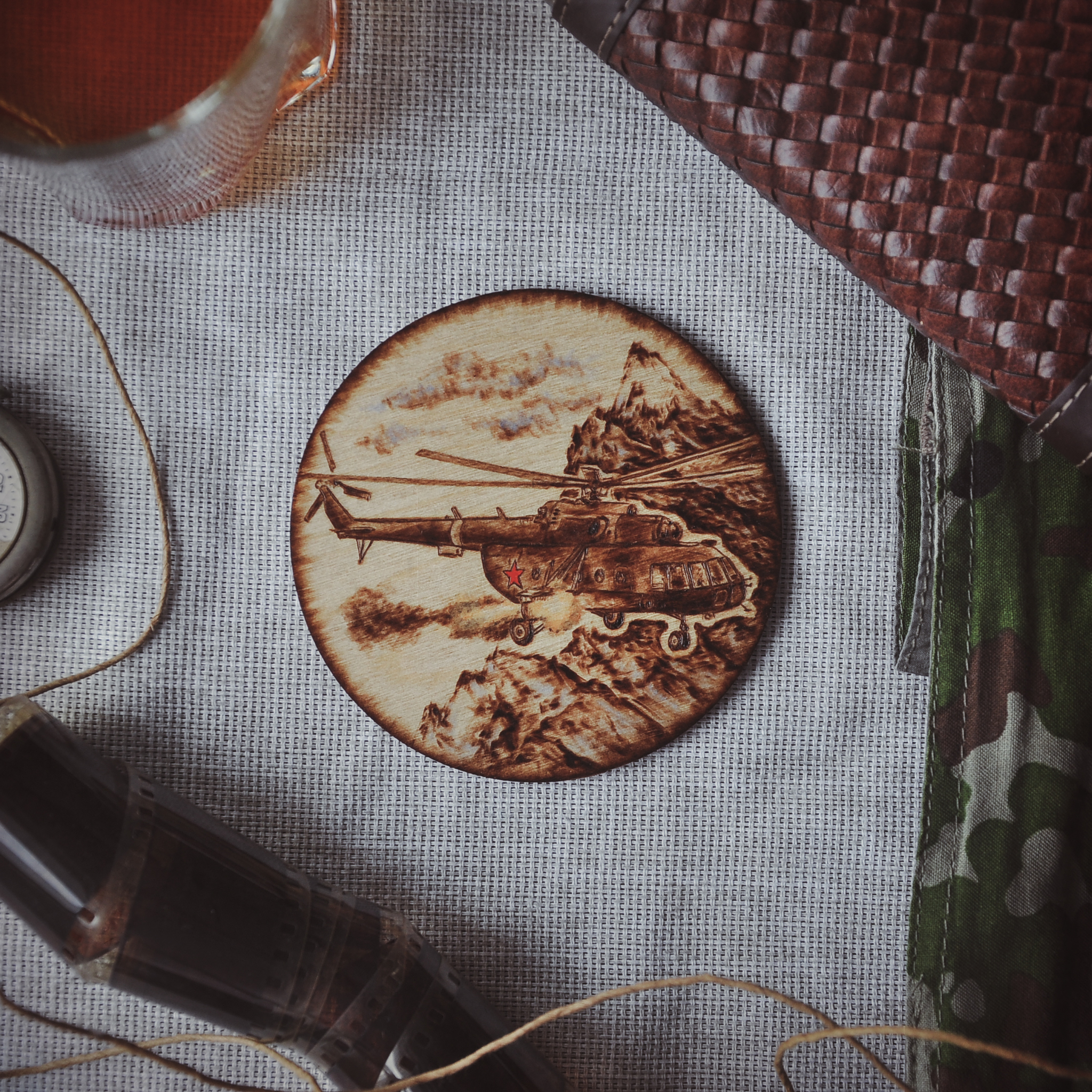 Hot stand with the image of Mi-8 - My, Pyrography, Helicopter, Mi-8, The mountains, Needlework with process, Stand, Military equipment, February 23 - Defender of the Fatherland Day, Longpost