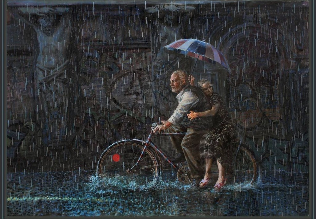 Survivors - Art, Painting, Elderly, A bike, Rain, Umbrella, Andrey Shatilov, Oil painting