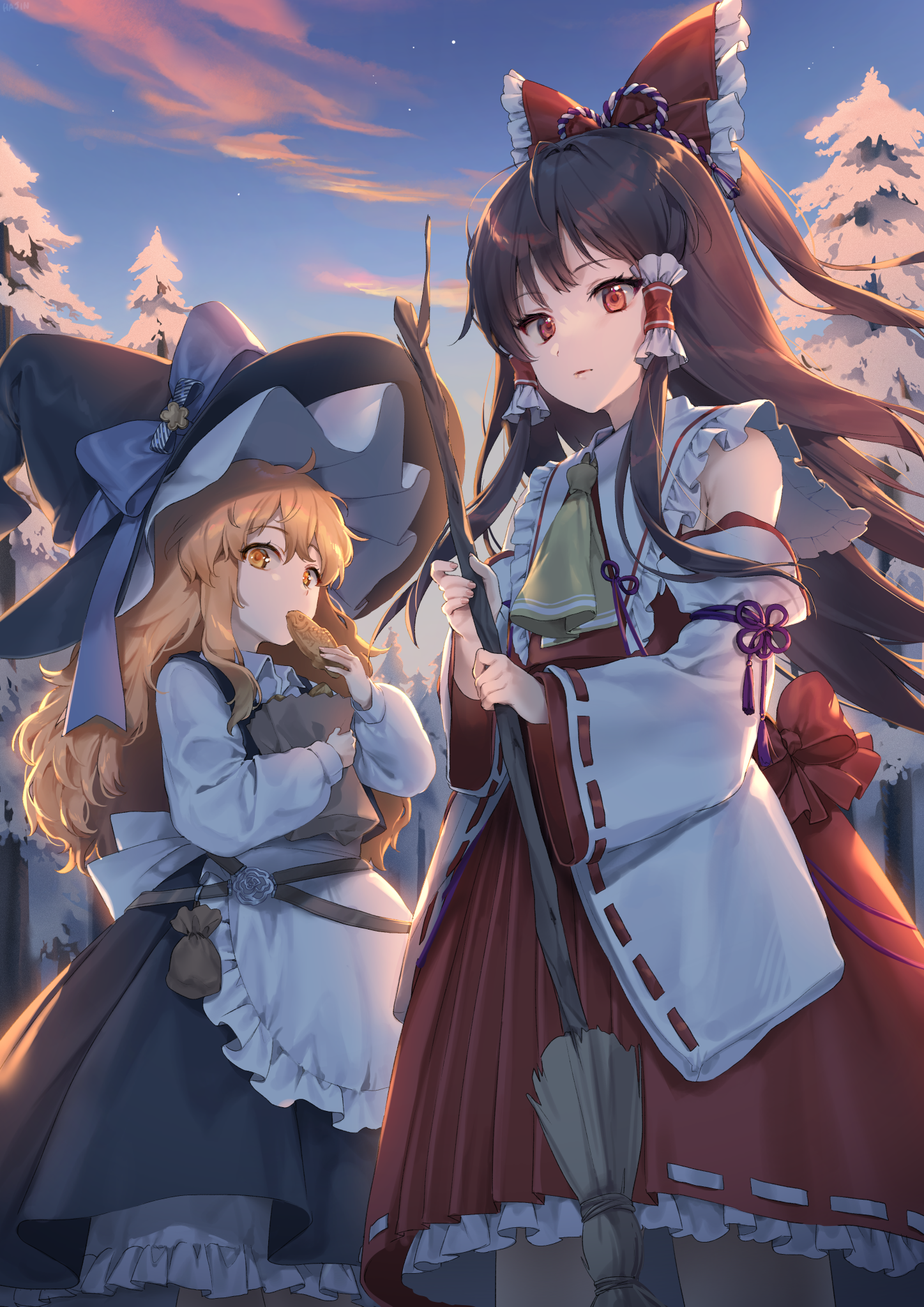 Marisa & Reimu - Touhou, Kirisame marisa, Hakurei Reimu, Anime art, Anime, Hajin