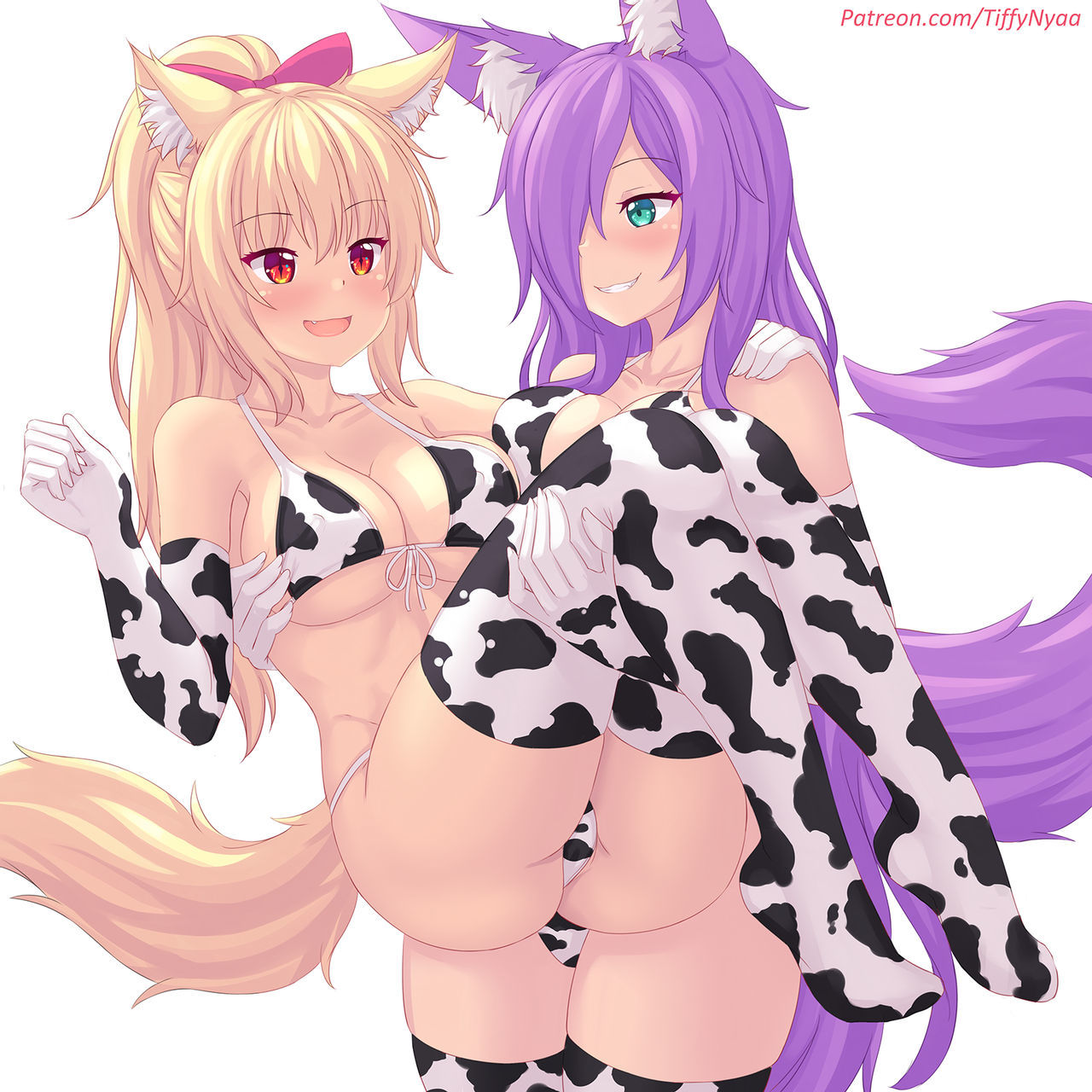 Kuro & Tiffy - NSFW, Anime Art, Аниме, Tiffy, Fastrunner2024, Animal Ears, Арт, Эротика, Гольфы, Рисованная эротика, Чулки, Хвост, Панцу, Original Character, Попа, Cowsuit, Грудь, Foxykuro