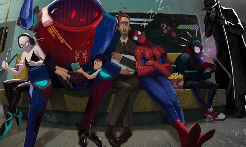 Spider-Verse - Человек-Паук, Мультивселенная, Арт, Майлз Моралес, Нуар, Гвен Стейси