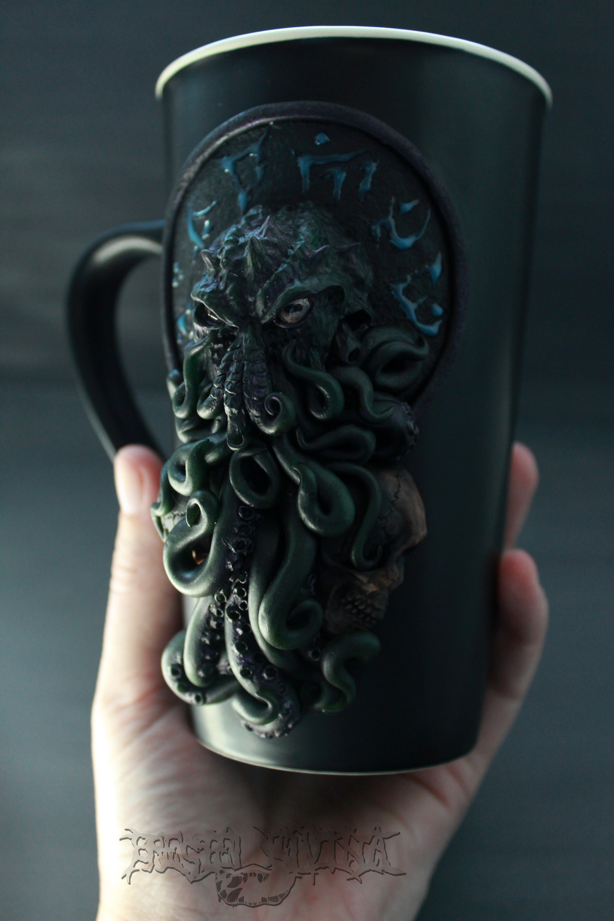 Call Of Cthulhu on a mug 500ml. Polymer clay - My, Polymer clay, Longpost, Needlework without process, Cthulhu, Kripota, Decor, Horror