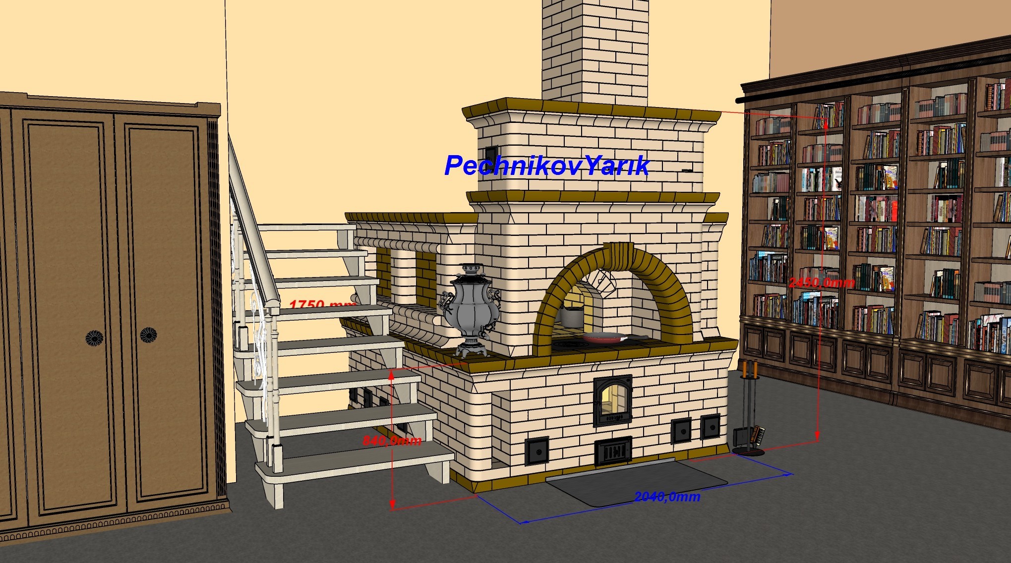 Рендеринг русской печи - Моё, Печь, Проектирование, Рукоделие с процессом, Русская печь, Самовар, Интерьер, SketchUp (программа), Кирпичи, Длиннопост