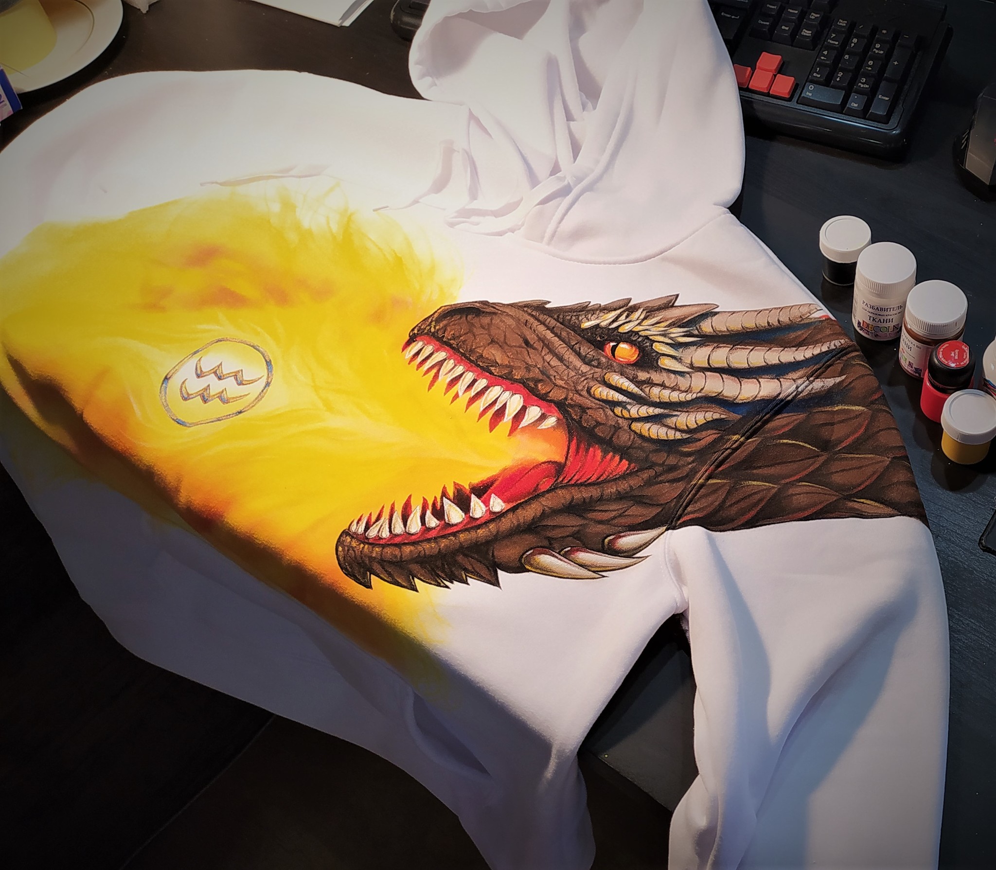 Painted hoodie Dragon - My, Video, The Dragon, Creation, With your own hands, Drawing, Needlework, Art, Longpost