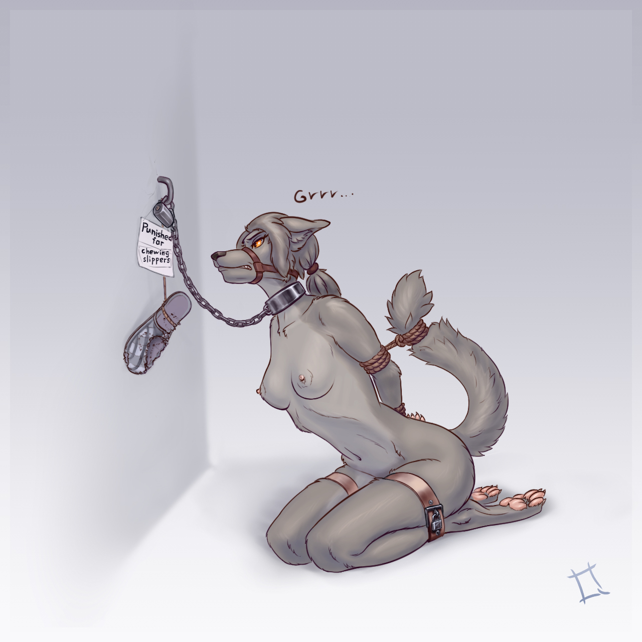 A gnawing problem - NSFW, Furry, Furry art, Furry canine, Furry wolf, Furotica, Bondage, Gnawed, Slippers, Punishment, Quotermain