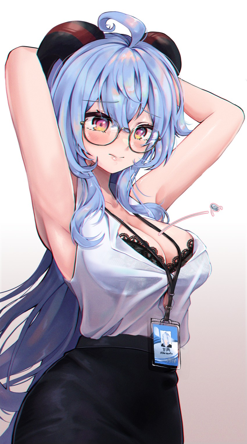 OL Ganyu - NSFW, Genshin impact, Ganyu (Genshin Impact), Anime, Anime art, Art, Girls, Office, Boobs, Underwear, Tights, Glasses, Horns, Longpost, Office workers