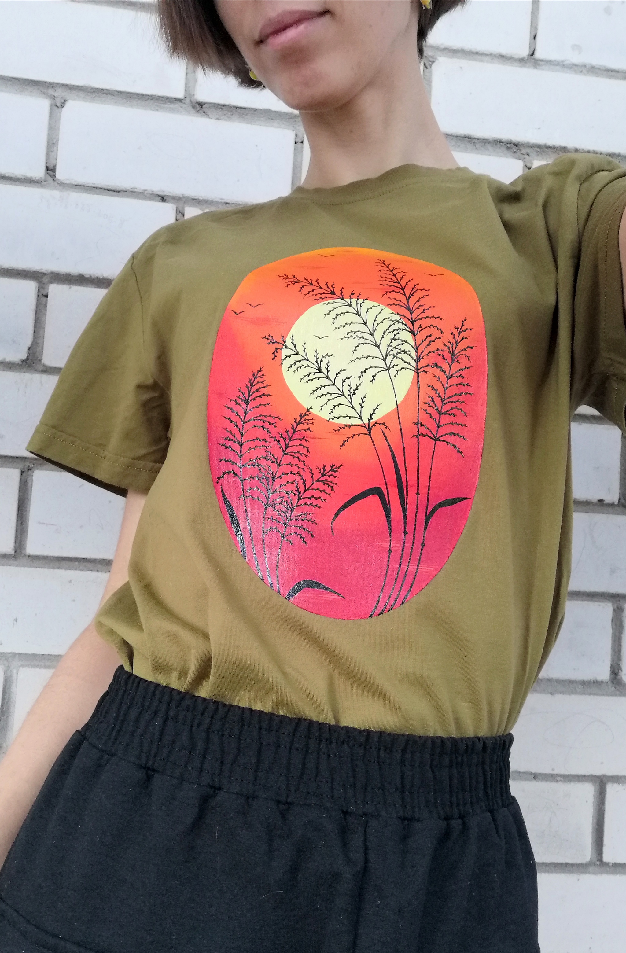 Spring and summer sunsets in my soul - My, Acrylic, T-shirt, cat, Sunset, Grass, Painting on fabric, Needlework without process, Longpost