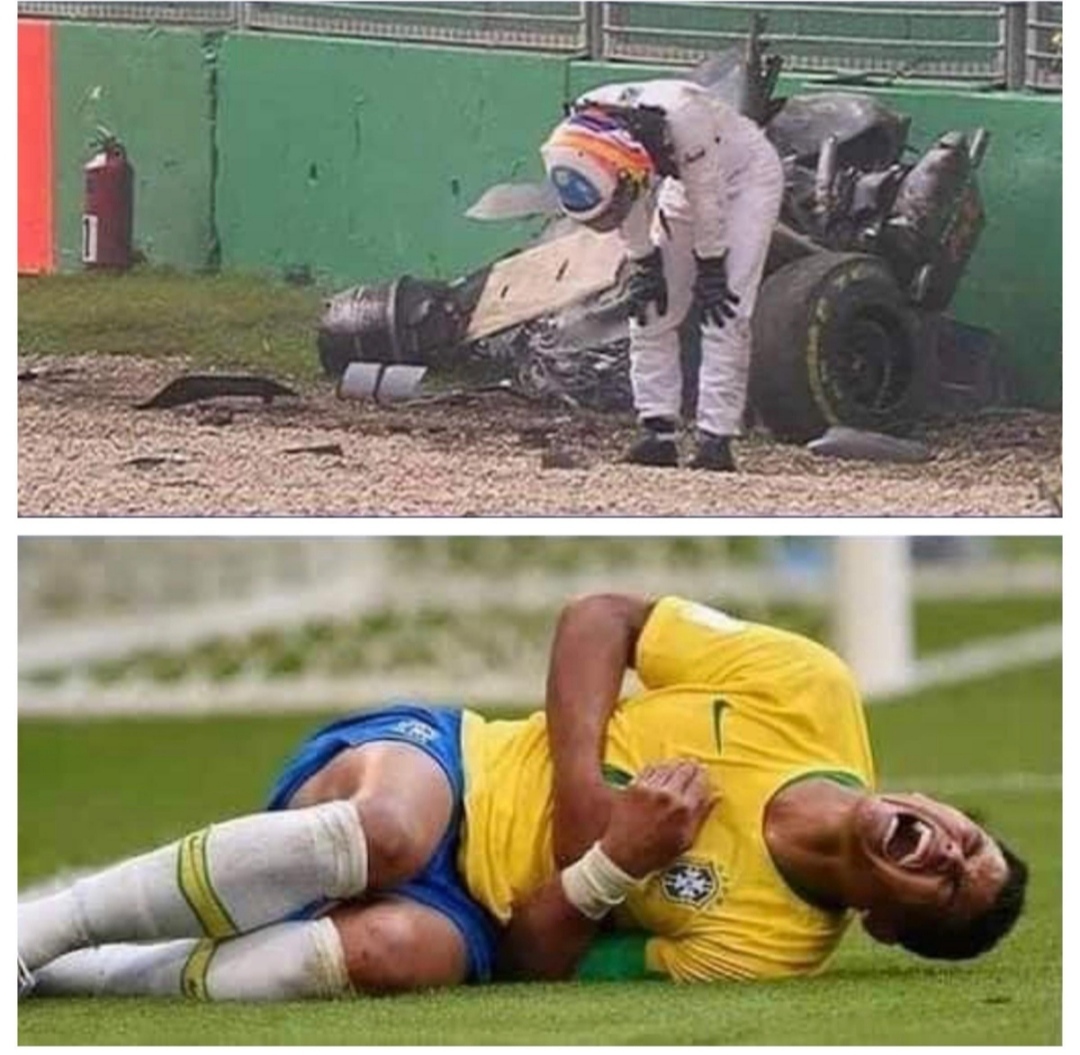 A Formula 1 pilot after a collision at 200 km/h and a football player after his T-shirt was pulled - Football, Footballers, Simulation, Formula 1, Race, Fernando Alonso, Road accident, Crash, Sport, Endurance